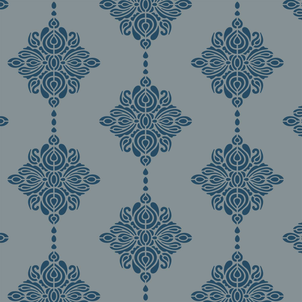 Enchanted forest wall stencil pattern shown in dark blue on light blue floral design with repeating motifs, ideal for DIY wall painting and interior decor projects.