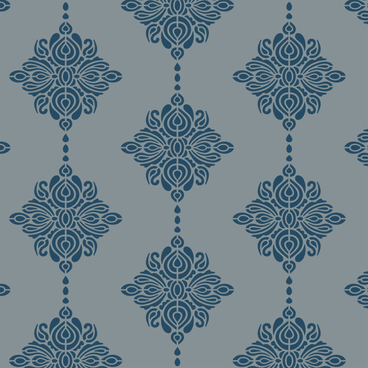 Damask Block print wall stencil pattern shown in dark blue on light blue floral design with repeating motifs, ideal for DIY wall painting and interior decor projects.