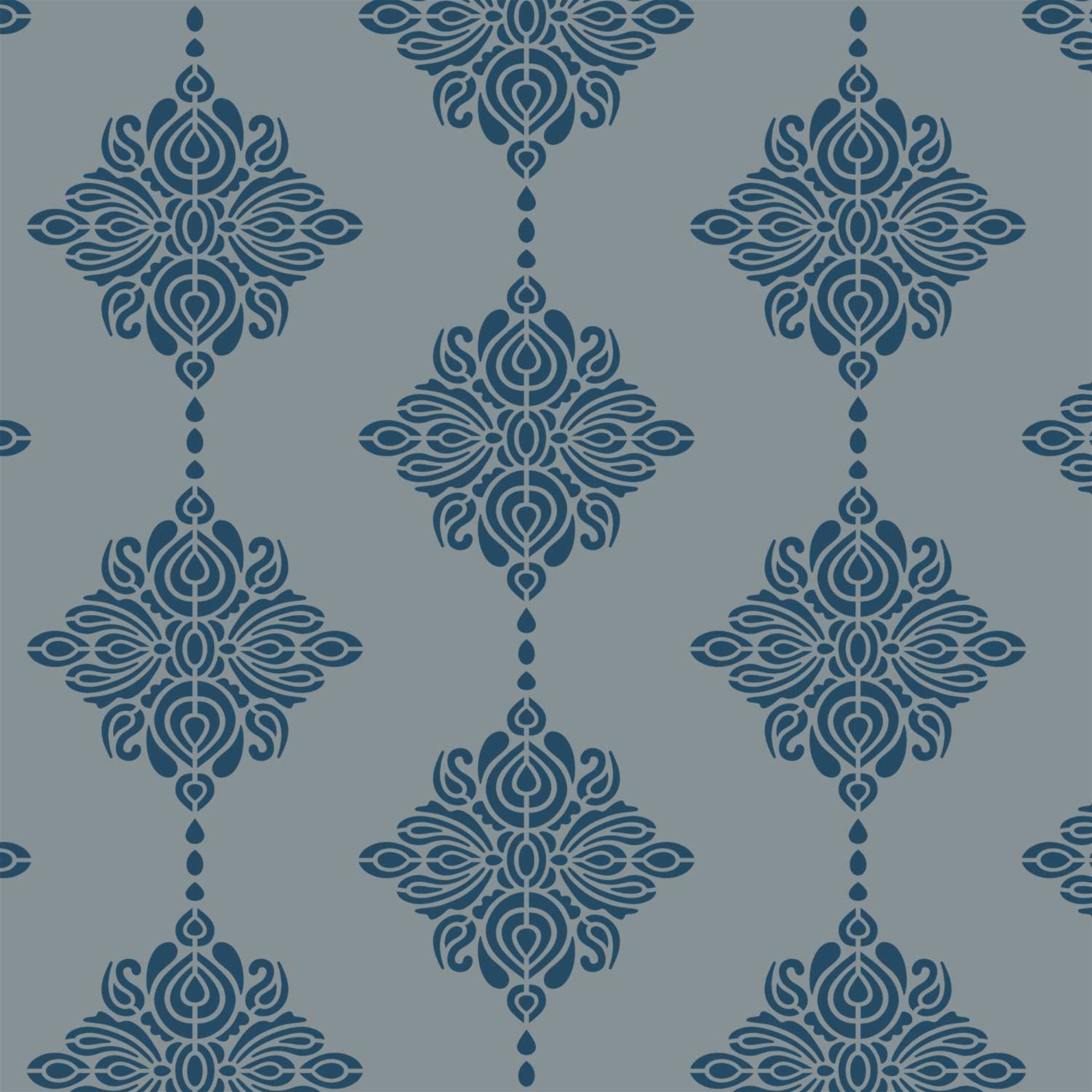 Enchanted forest wall stencil pattern shown in dark blue on light blue floral design with repeating motifs, ideal for DIY wall painting and interior decor projects.