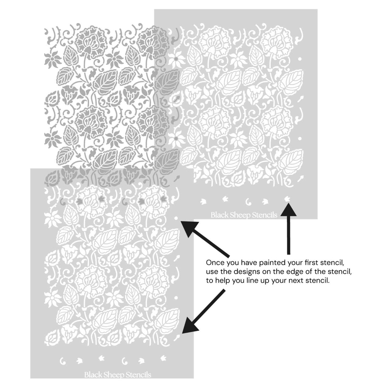 Dandelion wall stencil shown with alignment guides, demonstrating how to line up overlapping stencil sheets for continuous floral pattern during DIY wall painting.