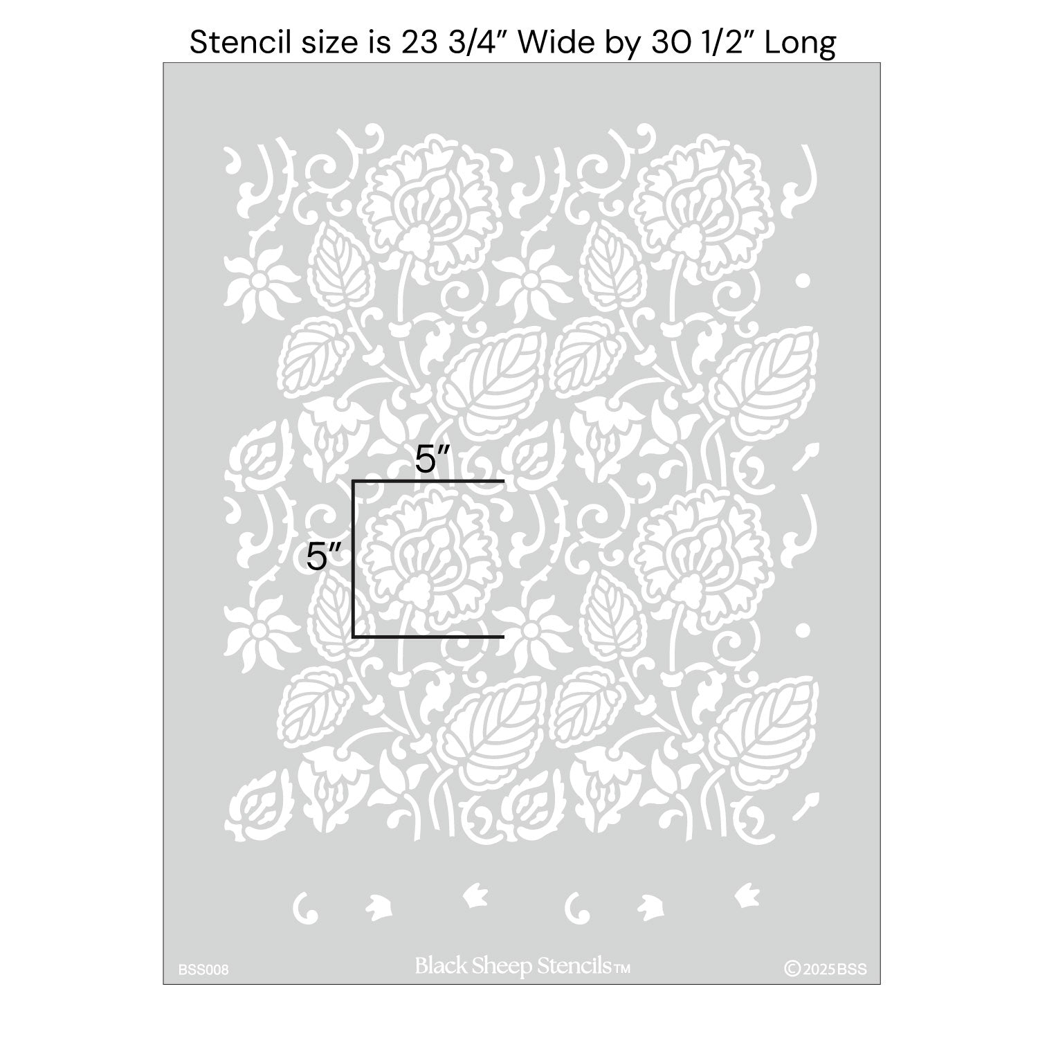 Dandelion wall stencil with product dimensions showing 23 3/4 inches wide by 30 1/2 inches long.