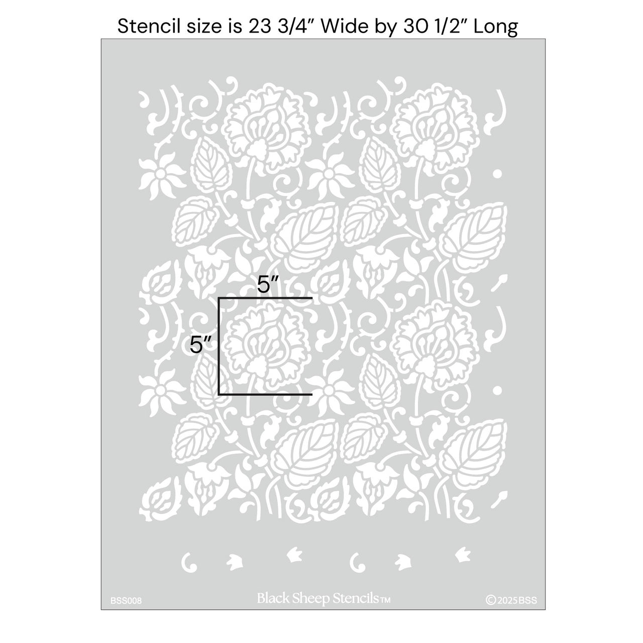 Dandelion wall stencil with product dimensions showing 23 3/4 inches wide by 30 1/2 inches long.