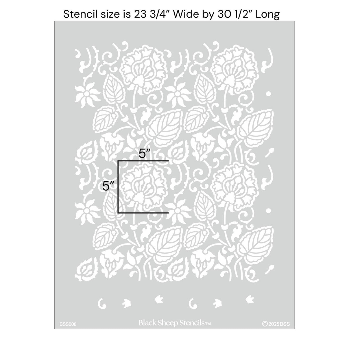Dandelion wall stencil with product dimensions showing 23 3/4 inches wide by 30 1/2 inches long.