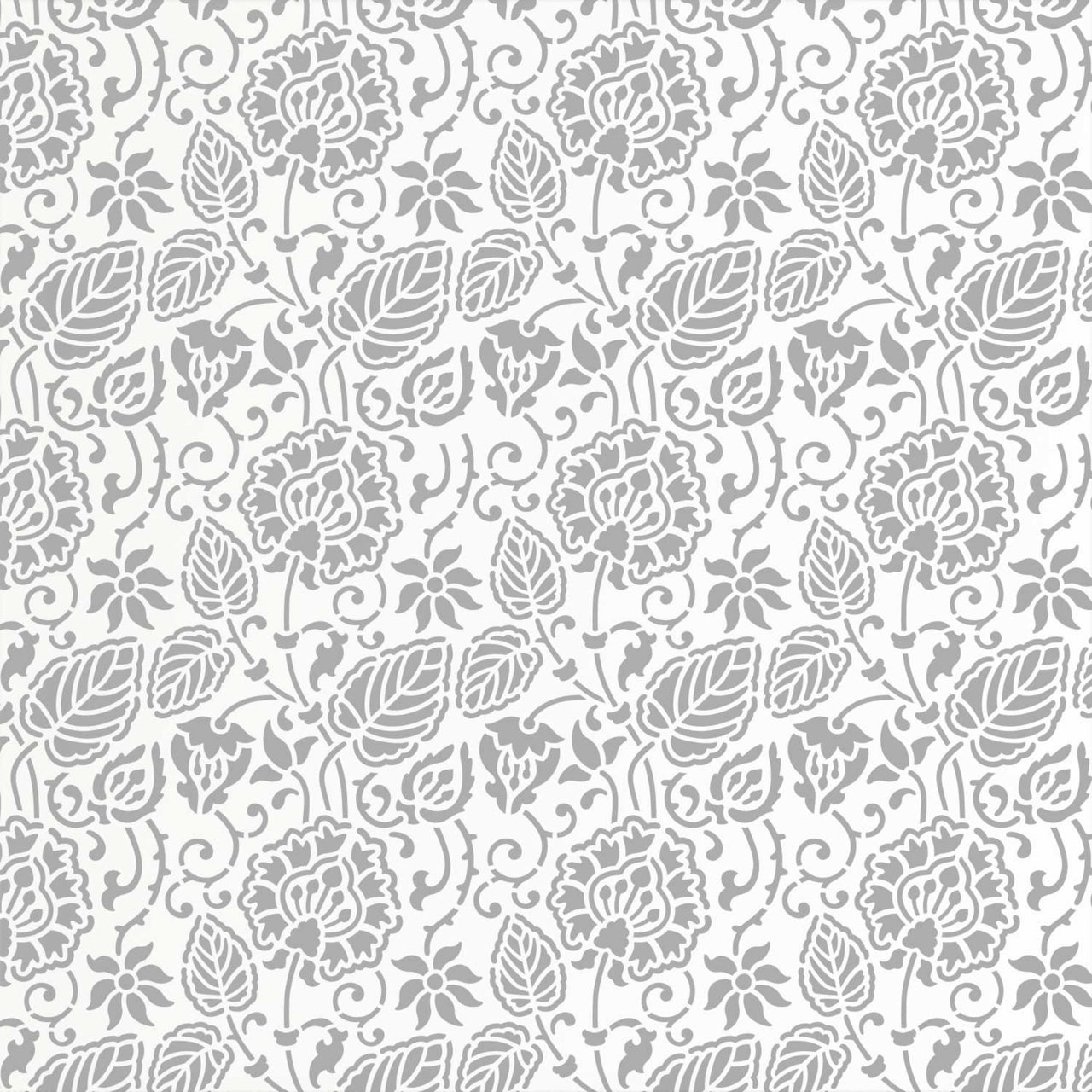 Dandelion wall stencil pattern shown in gray and white floral design with repeating motifs, ideal for DIY wall painting and interior decor projects.
