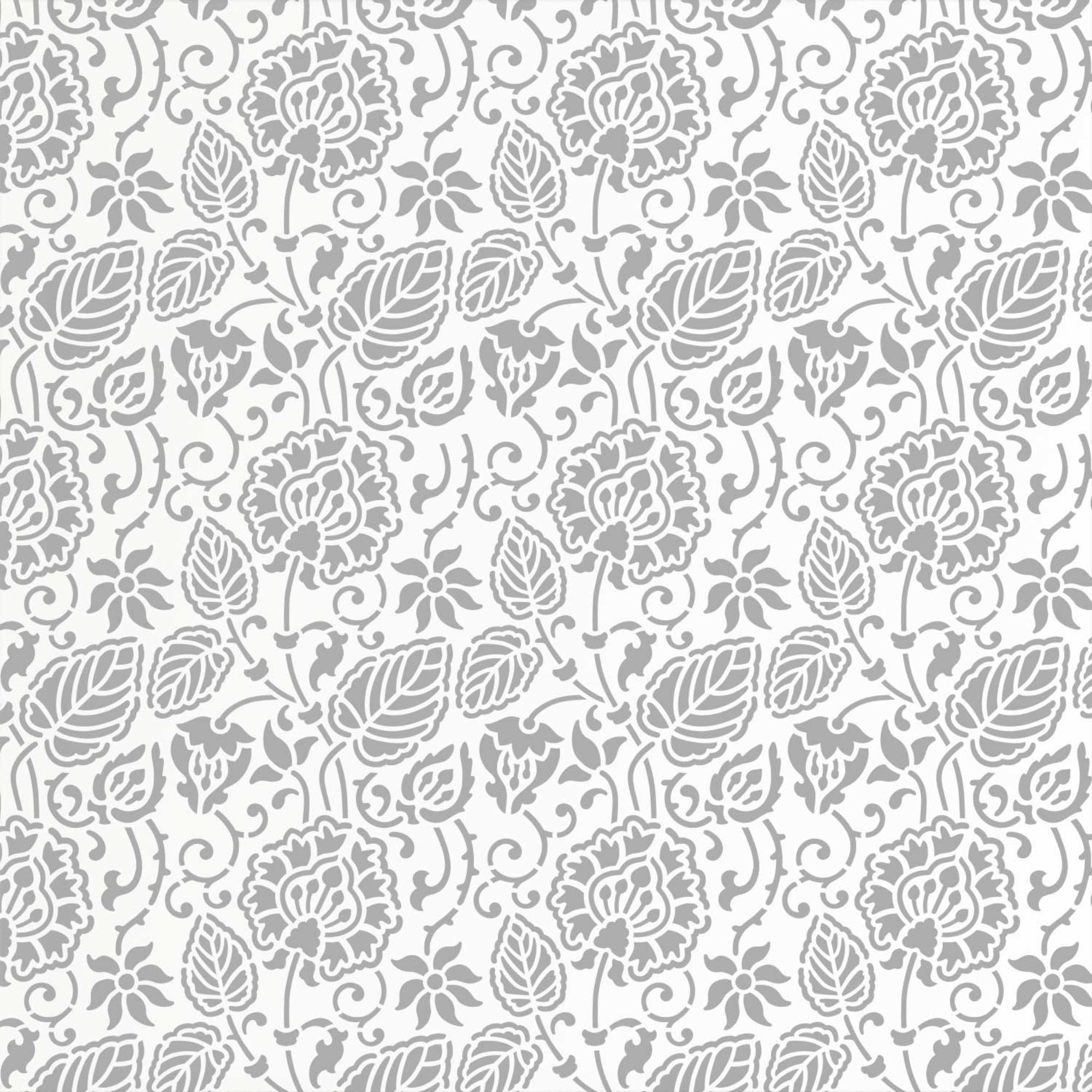 Dandelion wall stencil pattern shown in gray and white floral design with repeating motifs, ideal for DIY wall painting and interior decor projects.
