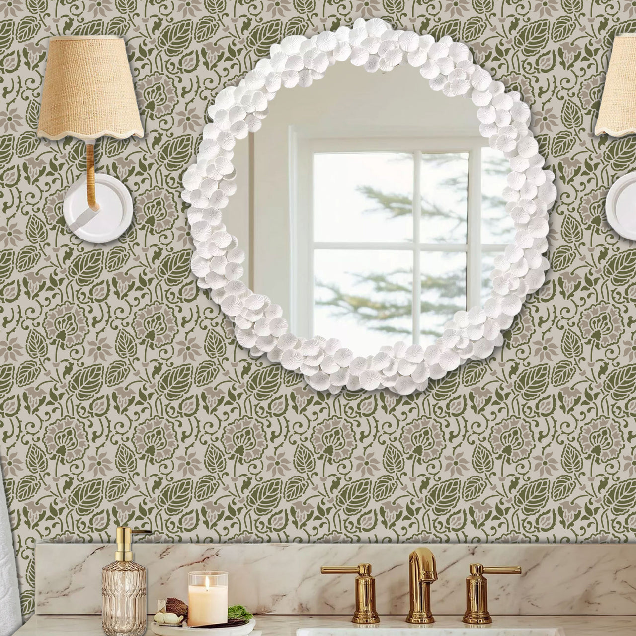 Dandelion wall stencil in a powder room with a round wall mirror, with wall sconces, and a marble sink with brass fixtures, with natural light highlighting the olive green and soft taupe painted stencil on the wall.