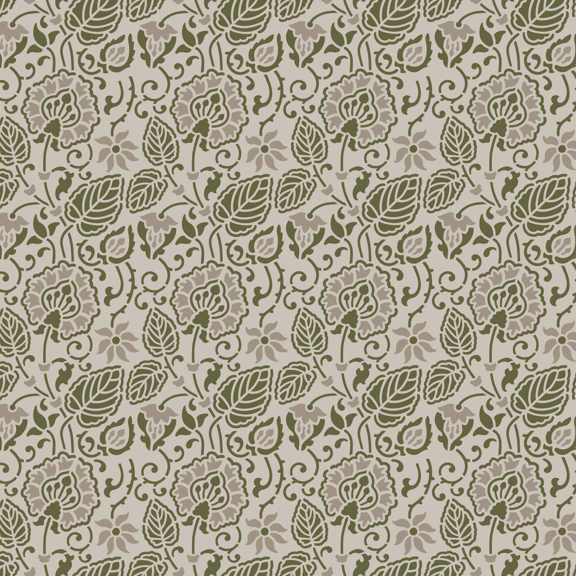 Dandelion wall stencil pattern shown in olive green and soft taupe floral design with repeating motifs, ideal for DIY wall painting and interior decor projects.