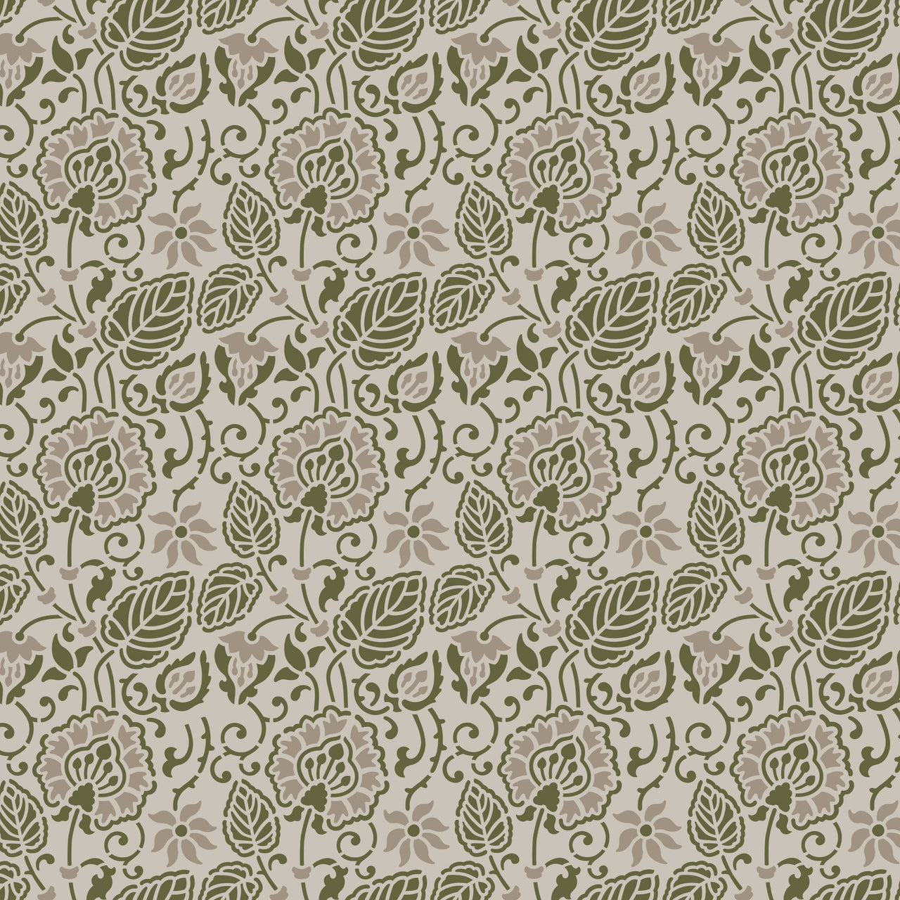 Dandelion wall stencil pattern shown in olive green and soft taupe floral design with repeating motifs, ideal for DIY wall painting and interior decor projects.