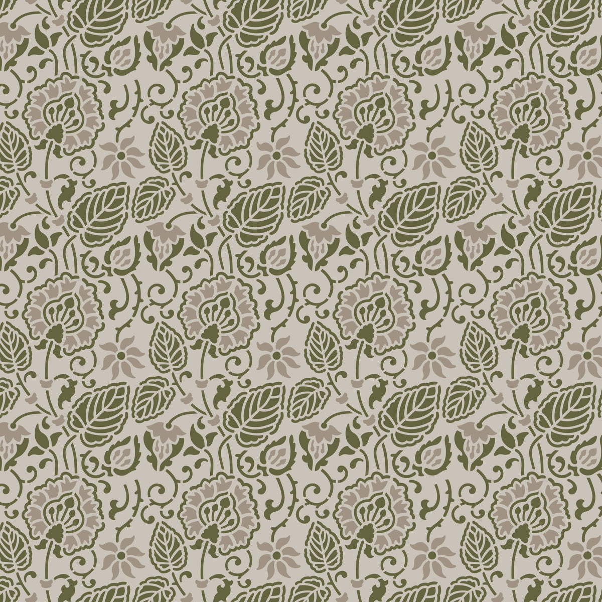 Dandelion wall stencil pattern shown in olive green and soft taupe floral design with repeating motifs, ideal for DIY wall painting and interior decor projects.
