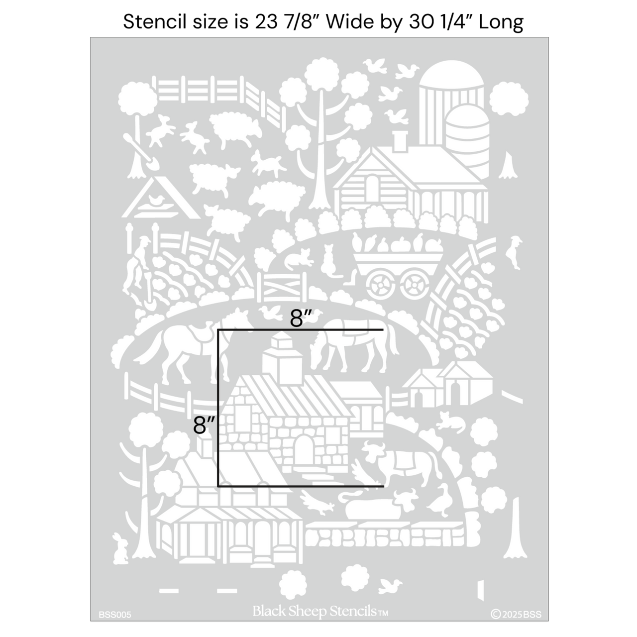 Day at the farm farmhouse wall stencil with product dimensions showing 23 7/8 inches wide by 30 1/4 inches long.