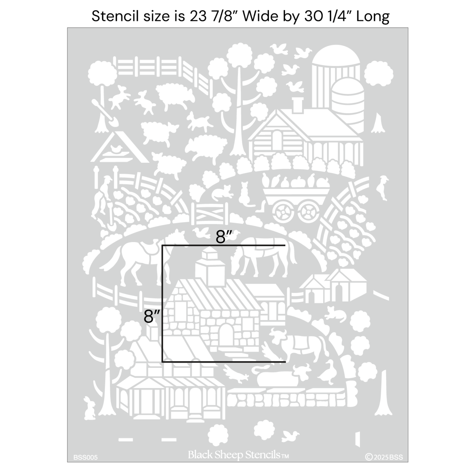 Day at the farm farmhouse wall stencil with product dimensions showing 23 7/8 inches wide by 30 1/4 inches long.