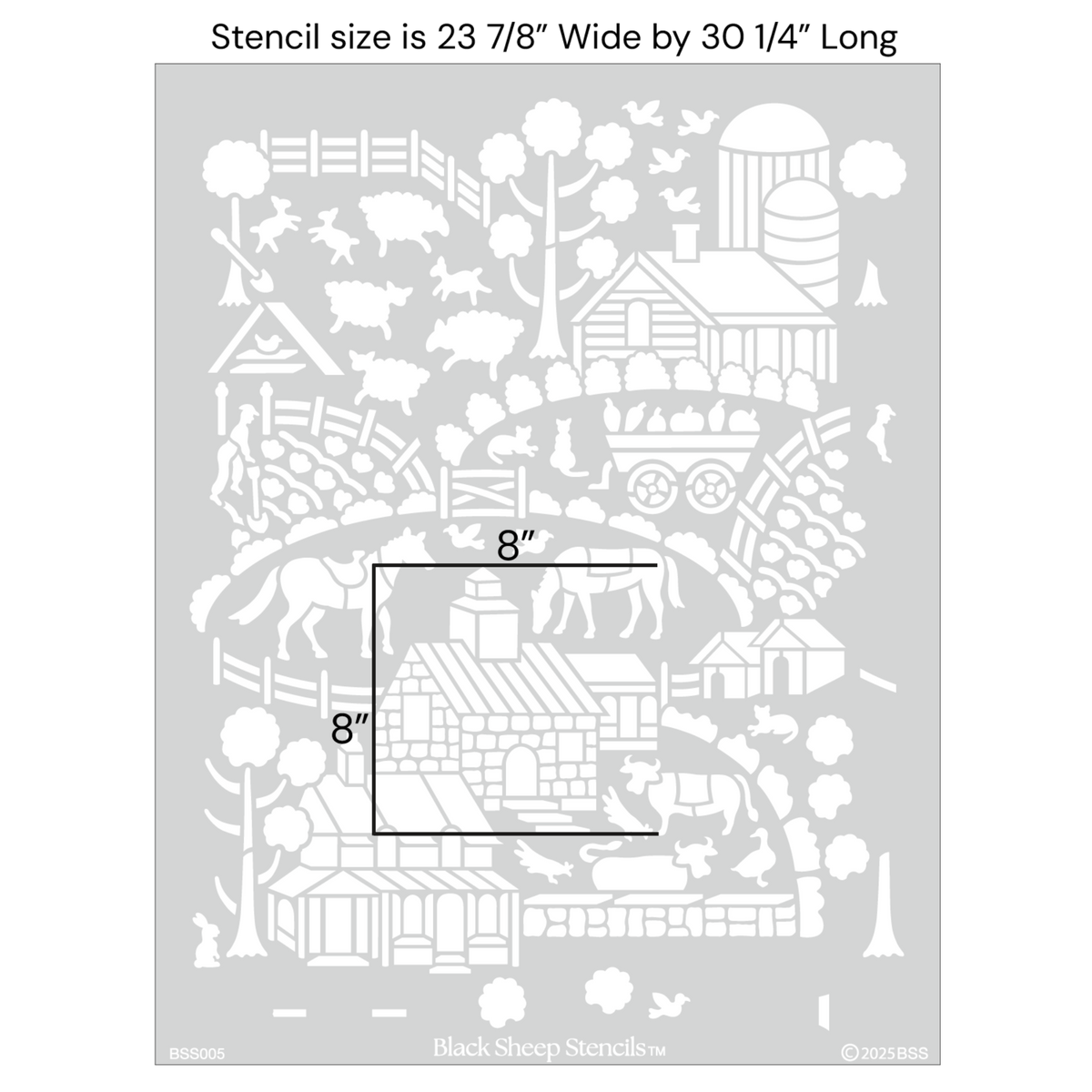 Day at the farm farmhouse wall stencil with product dimensions showing 23 7/8 inches wide by 30 1/4 inches long.