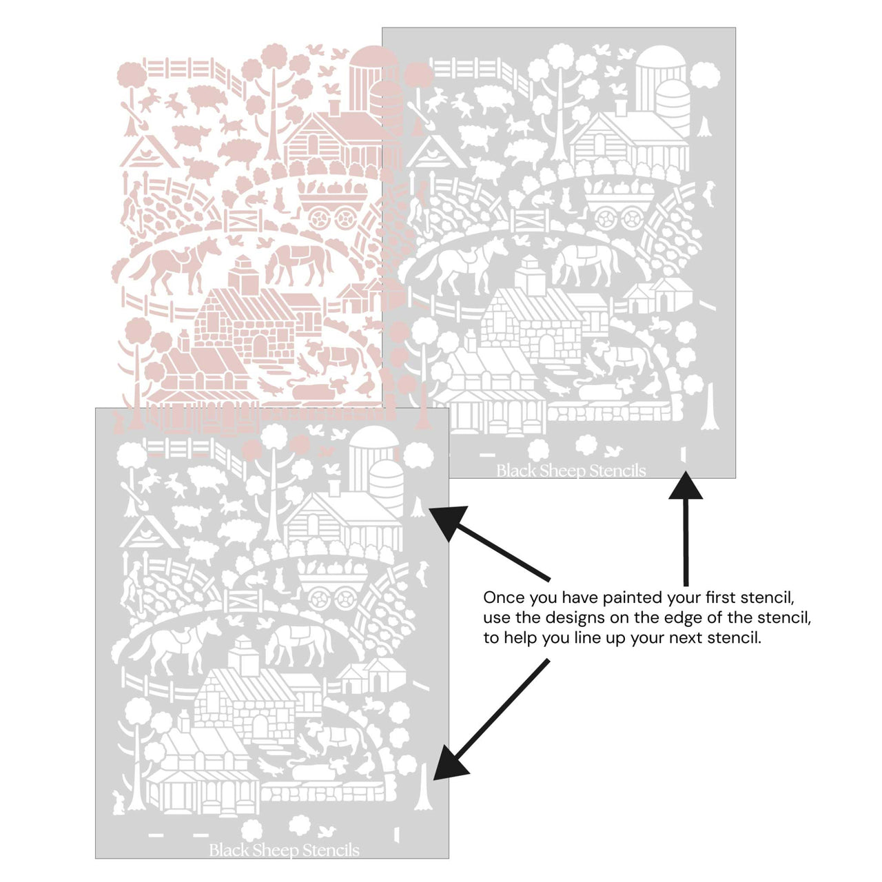 Day at the farm farmhouse wall stencil shown with alignment guides, demonstrating how to line up overlapping stencil sheets for continuous floral pattern during DIY wall painting.