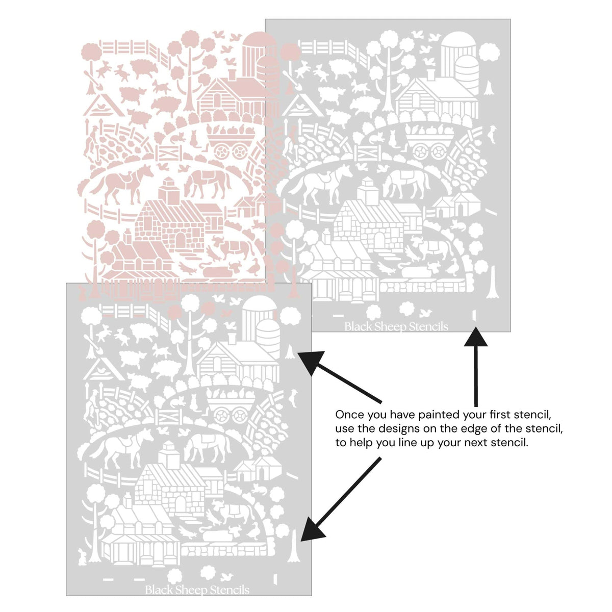 Day at the farm farmhouse wall stencil shown with alignment guides, demonstrating how to line up overlapping stencil sheets for continuous floral pattern during DIY wall painting.