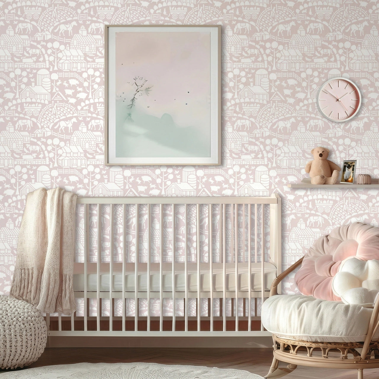 Day at the farm farmhouse wall stencil applied in a nursery with a crib, a clock on the wall, a shelf with a teddy bear, a chair, a framed picture on the wall and natural light highlighting the light pink and white painted stencil on the wall.