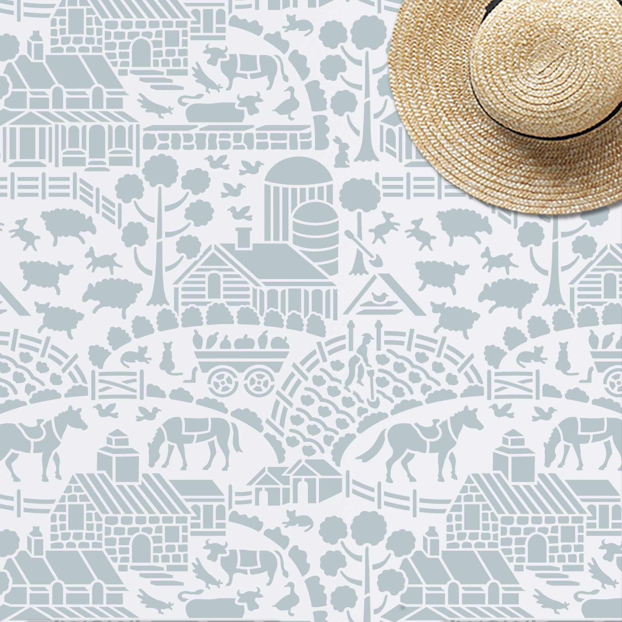 Day at the farm farmhouse wall stencil pattern shown in light blue and white farm scene design with repeating motifs, ideal for DIY wall painting and interior decor.