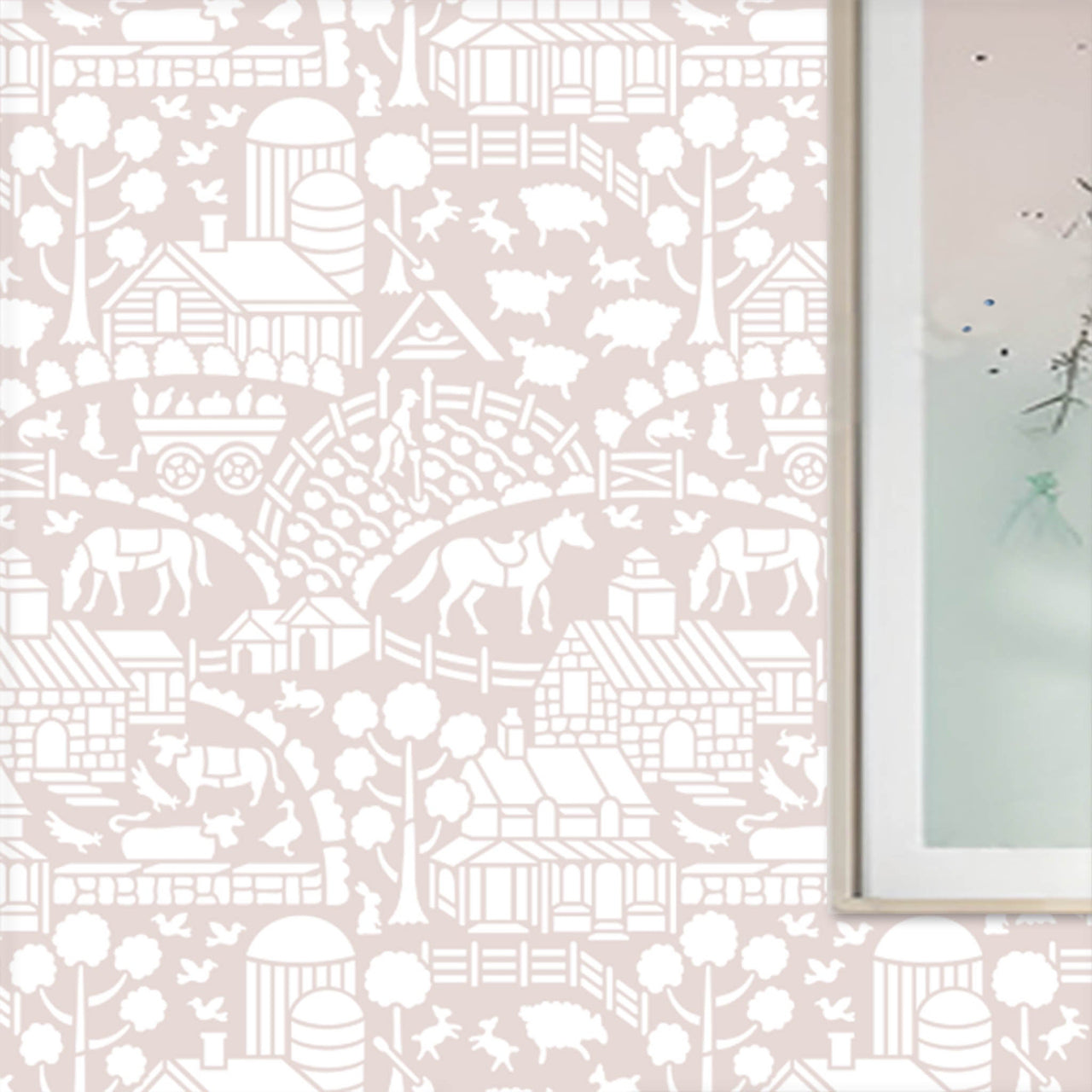 Day at the farm farmhouse wall stencil pattern shown in light pink and white farm scene design with repeating motifs, ideal for DIY wall painting and interior decor.