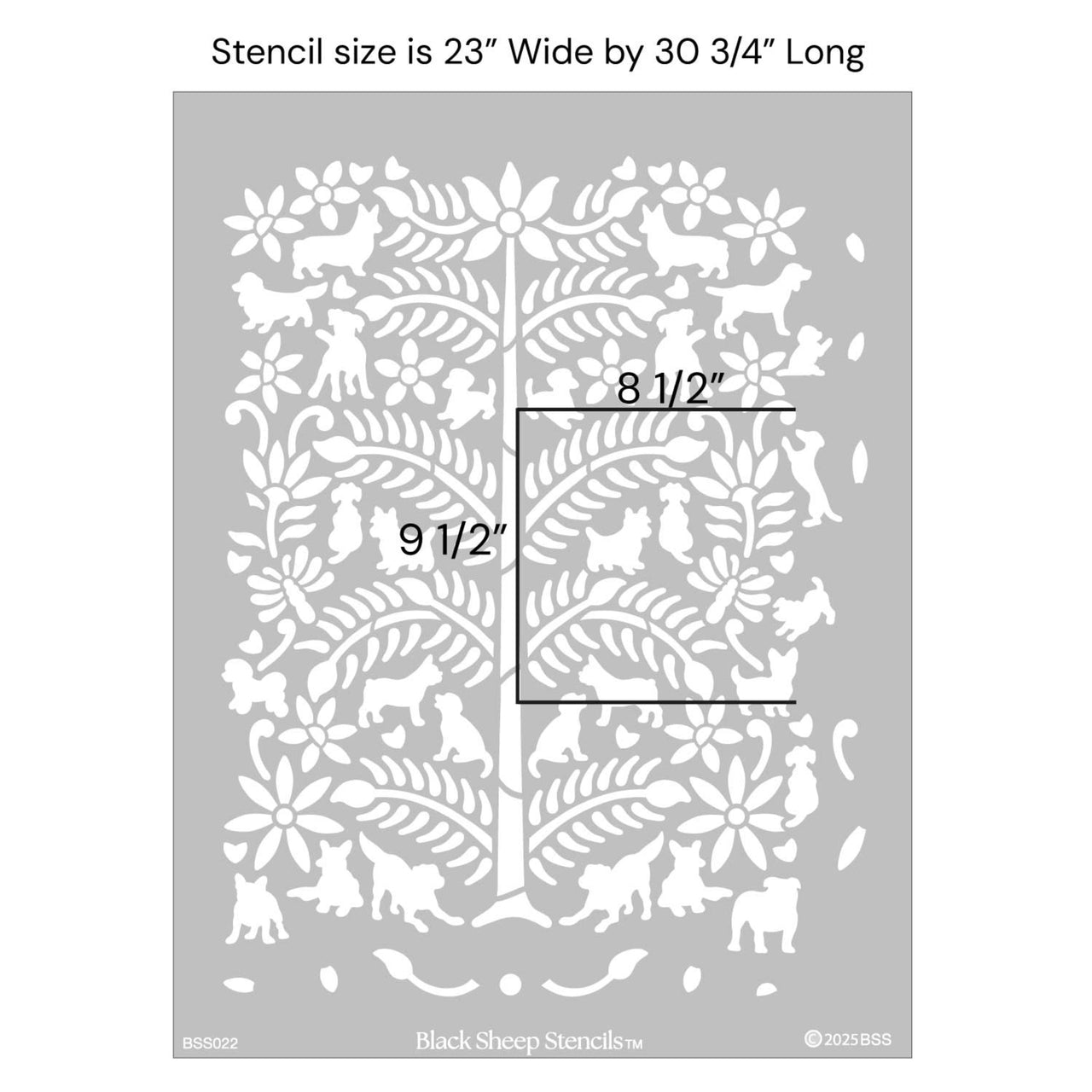 Dogs in the garden wall stencil with product dimensions showing 23 inches wide by 30 3/4 inches long.