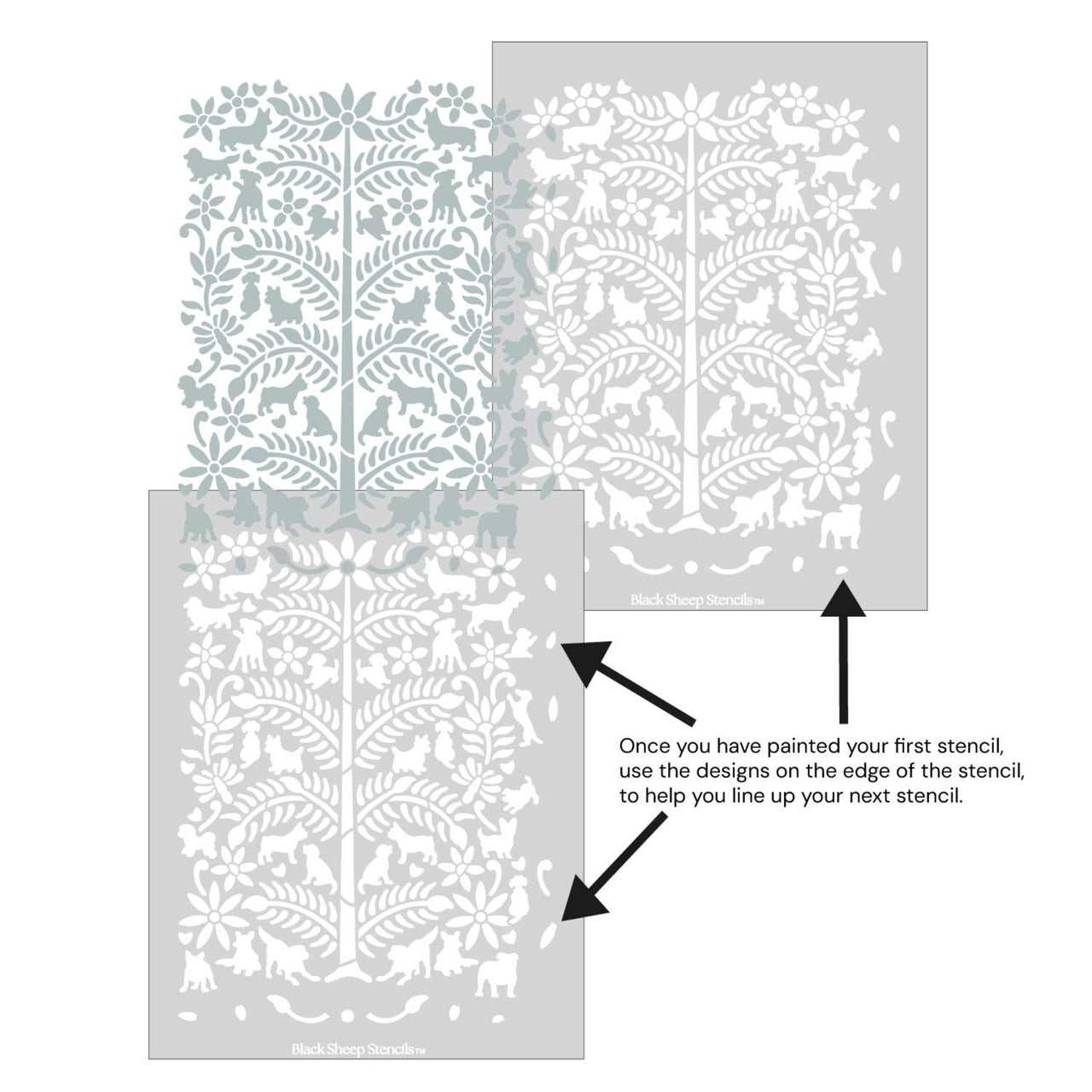 Dogs in the garden wall stencil shown with alignment guides, demonstrating how to line up overlapping stencil sheets for continuous floral pattern during DIY wall painting.