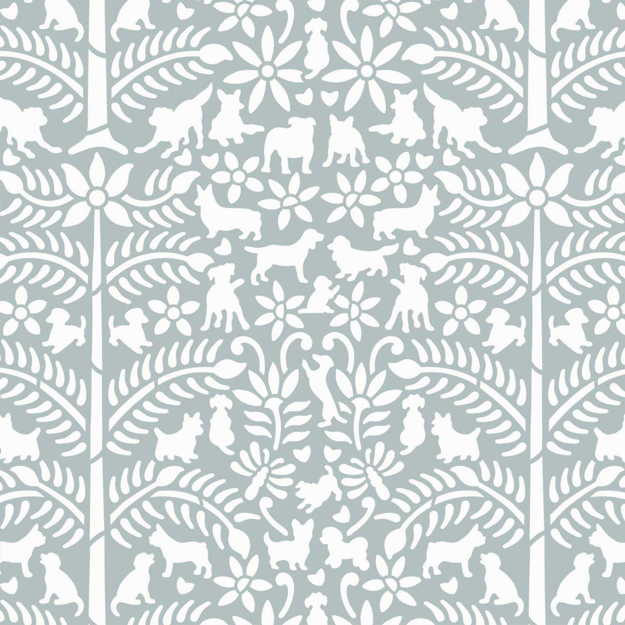 Dogs in the garden wall stencil pattern shown in light blue and white with repeat motifs, ideal for DIY wall painting and interior decor projects.