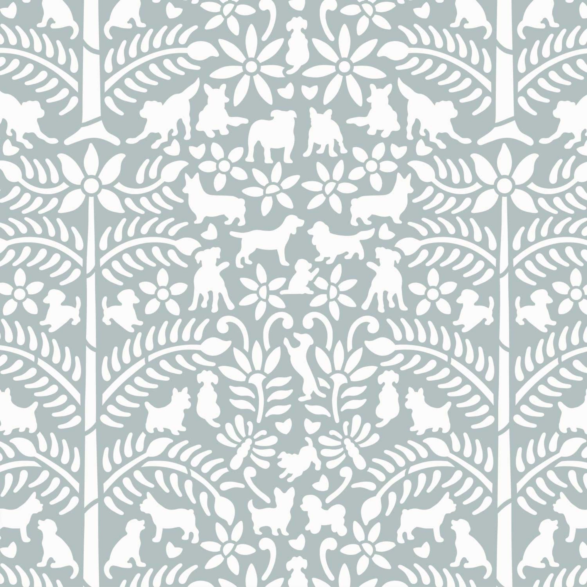 Dogs in the garden wall stencil pattern shown in light blue and white with repeat motifs, ideal for DIY wall painting and interior decor projects.