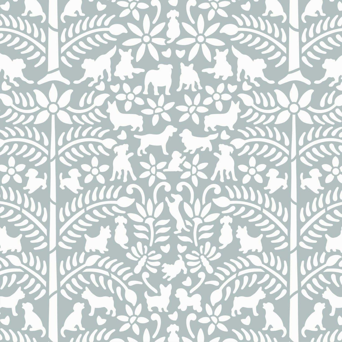 Dogs in the garden wall stencil pattern shown in light blue and white with repeat motifs, ideal for DIY wall painting and interior decor projects.