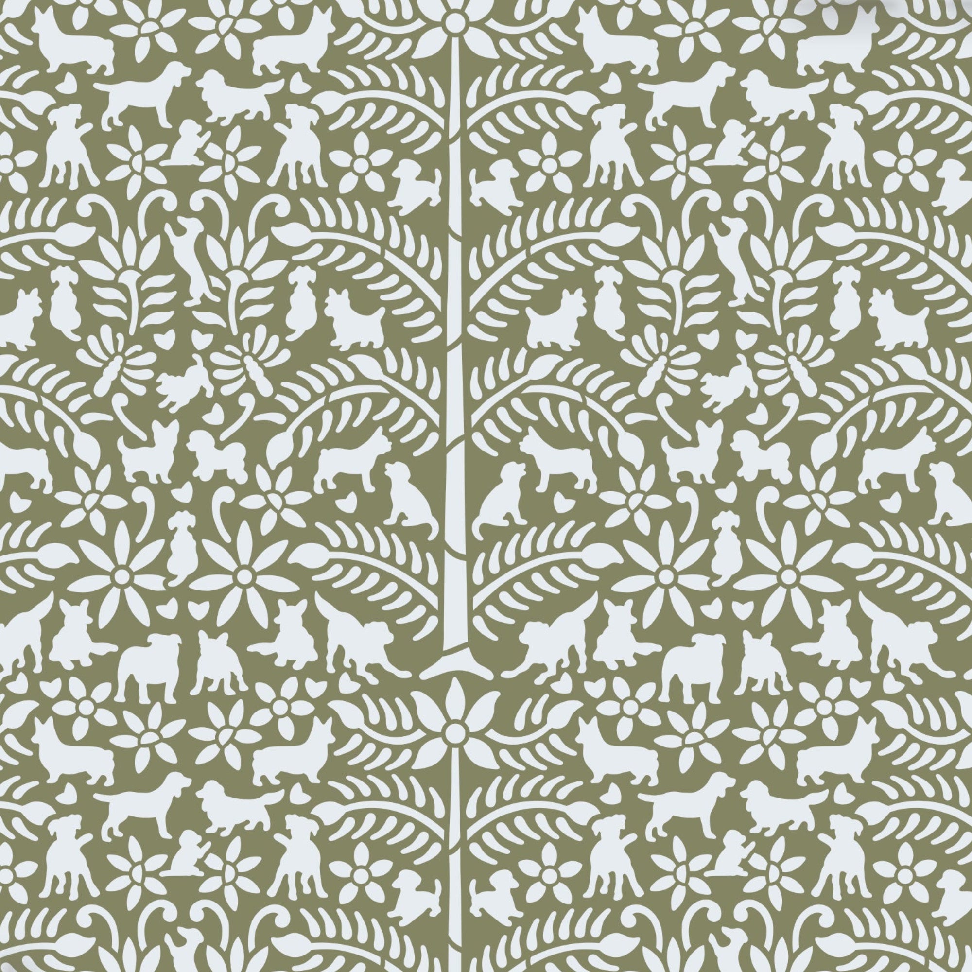 Dogs in the garden wall stencil pattern shown in dark green and pale blue with repeat motifs, ideal for DIY wall painting and interior decor projects.