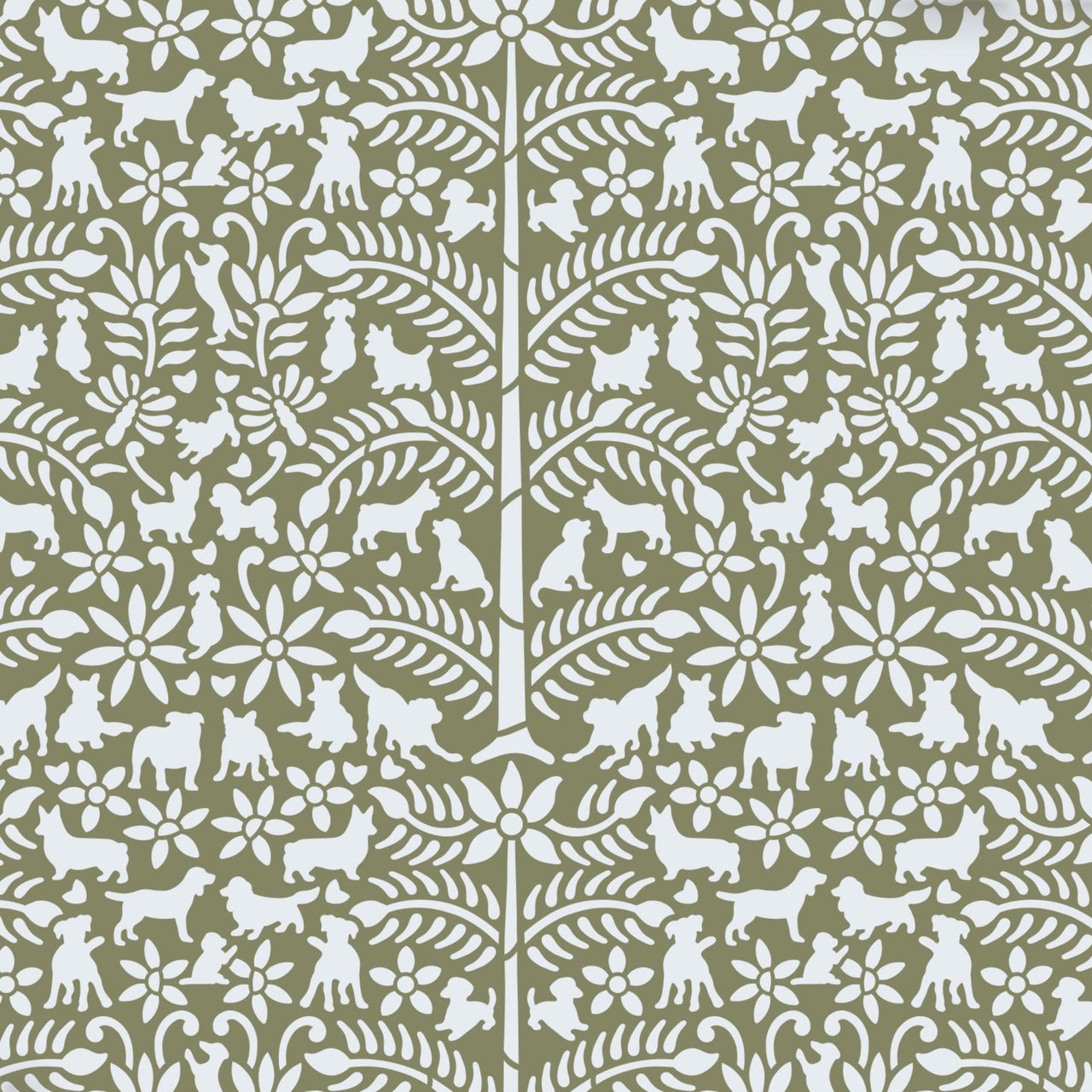 Dogs in the garden wall stencil pattern shown in dark green and pale blue with repeat motifs, ideal for DIY wall painting and interior decor projects.