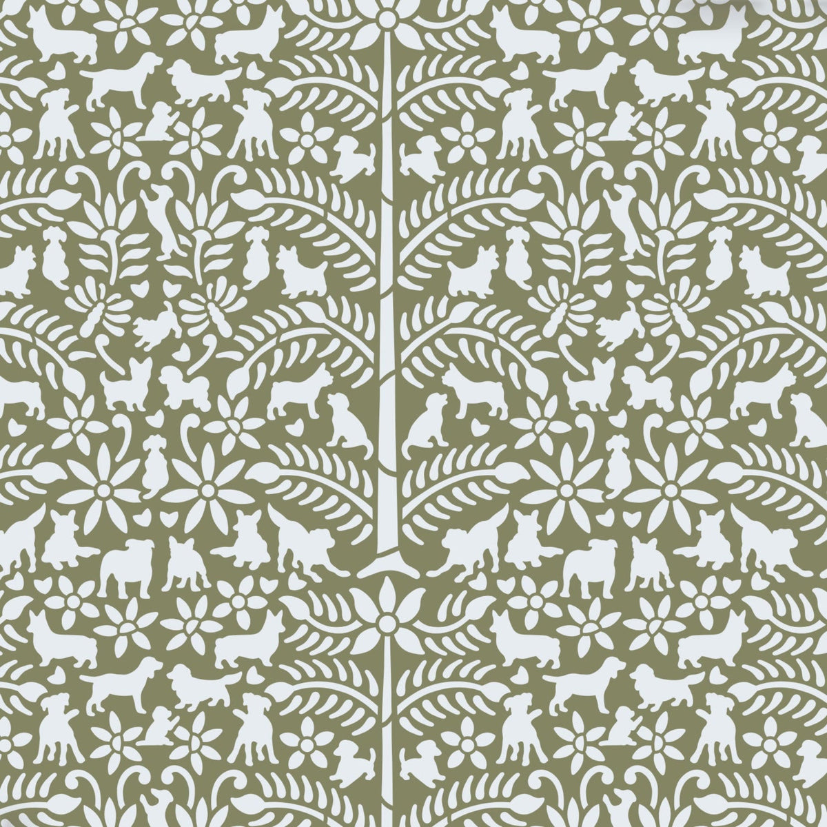 Dogs in the garden wall stencil pattern shown in dark green and pale blue with repeat motifs, ideal for DIY wall painting and interior decor projects.