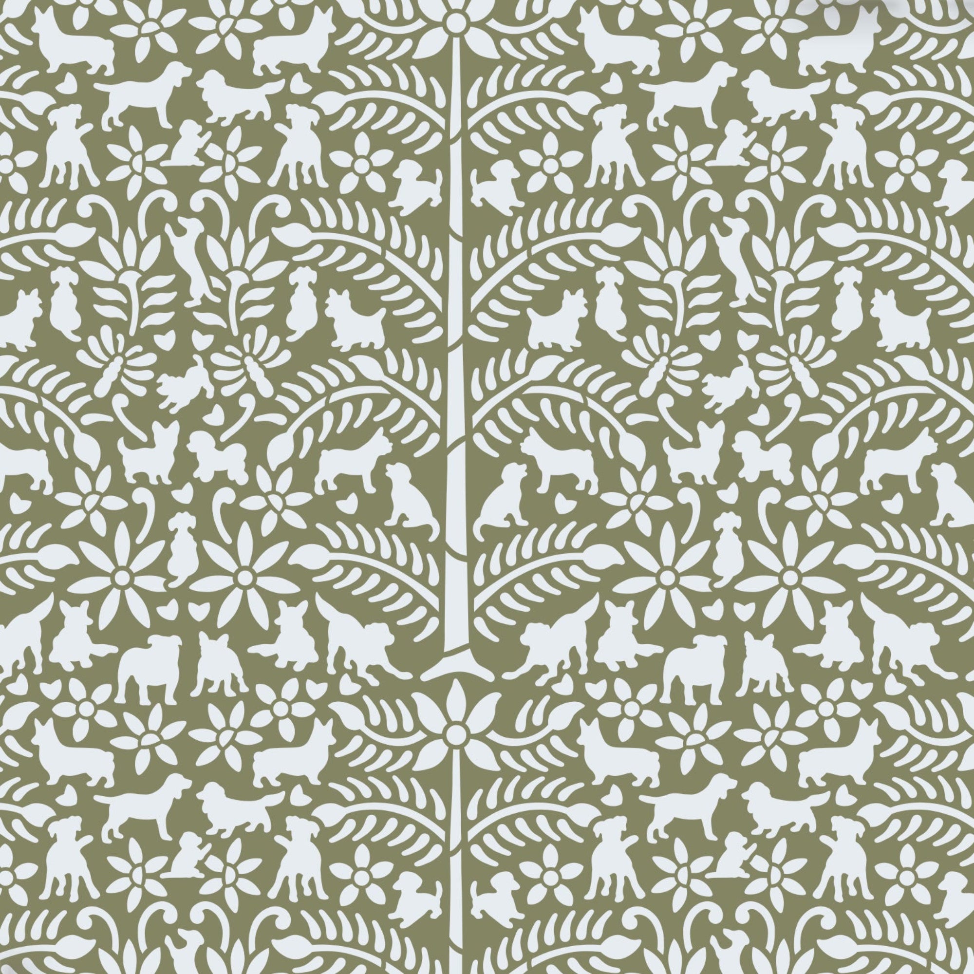 Dogs in the garden wall stencil pattern shown in dark green and pale blue with repeat motifs, ideal for DIY wall painting and interior decor projects.