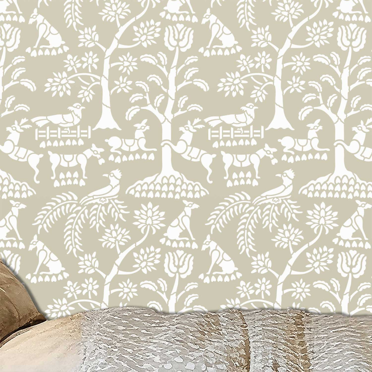 Enchanted forest wall stencil in bunk bed room in beige and white.