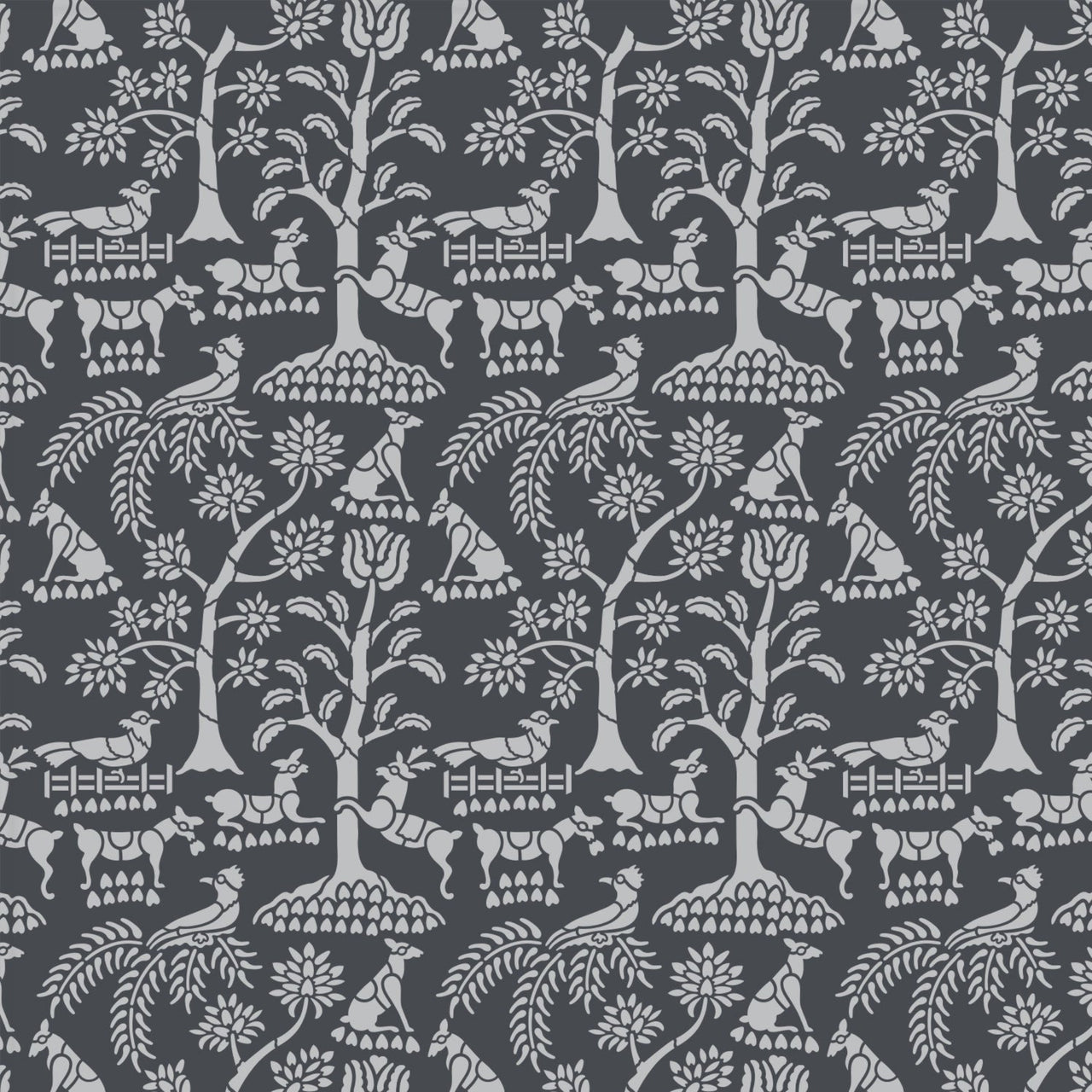 Enchanted forest wall stencil pattern shown in charcoal grey and light gray with foliage and animal design with repeating motifs, ideal for DIY wall painting and interior decor projects.