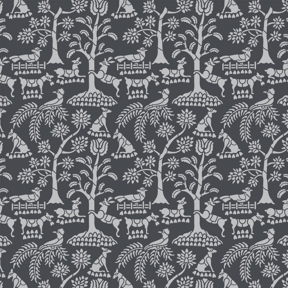 Enchanted forest wall stencil pattern shown in charcoal grey and light gray with foliage and animal design with repeating motifs, ideal for DIY wall painting and interior decor projects.