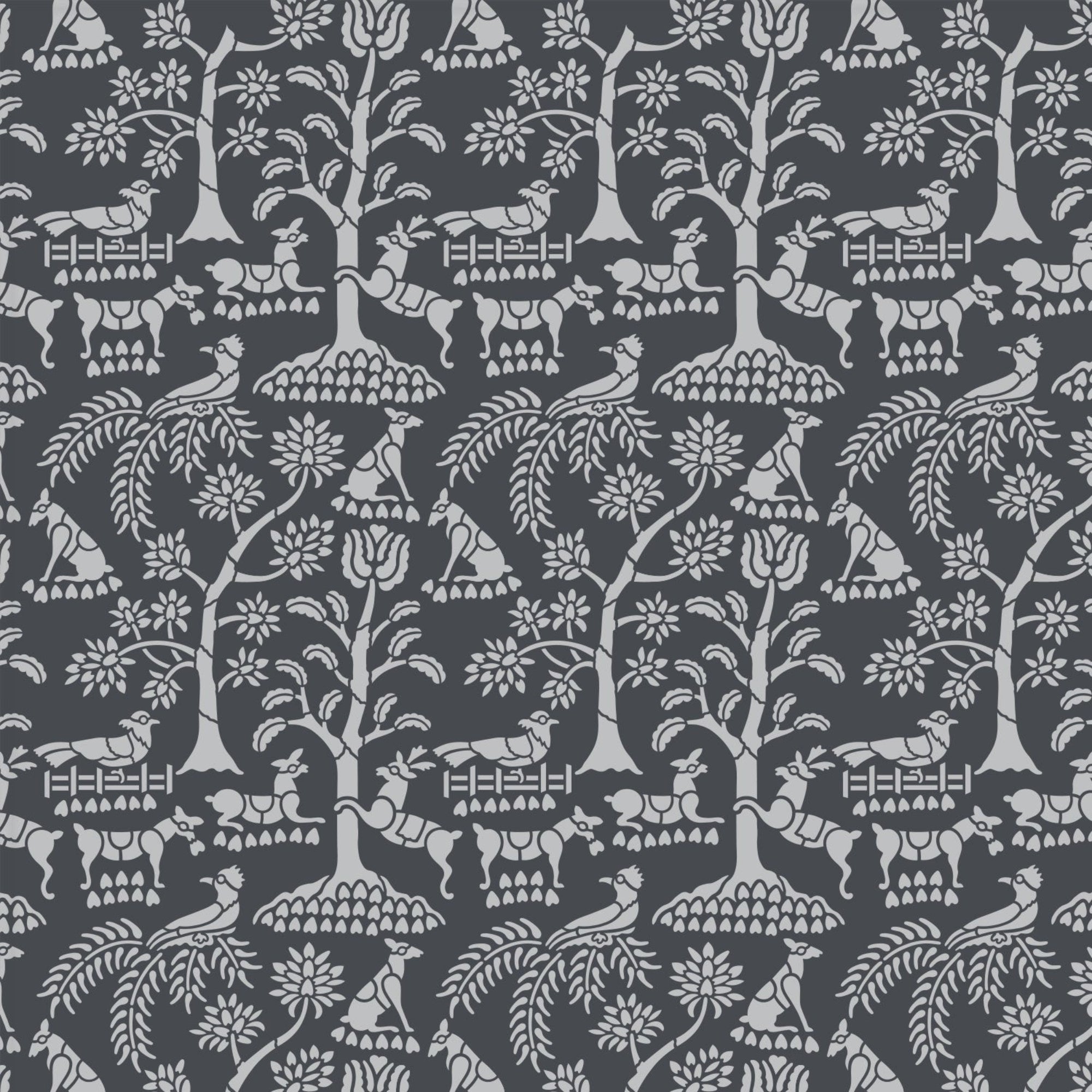 Enchanted forest wall stencil pattern shown in charcoal grey and light gray with foliage and animal design with repeating motifs, ideal for DIY wall painting and interior decor projects.