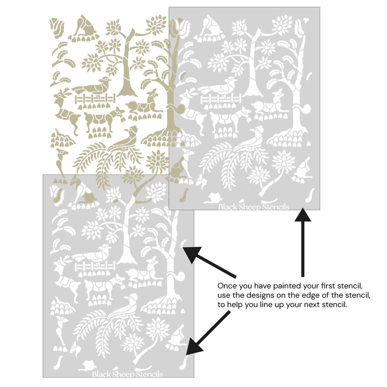 Enchanted forest wall stencil shown with alignment guides, demonstrating how to line up overlapping stencil sheets for continuous floral pattern during DIY wall painting.