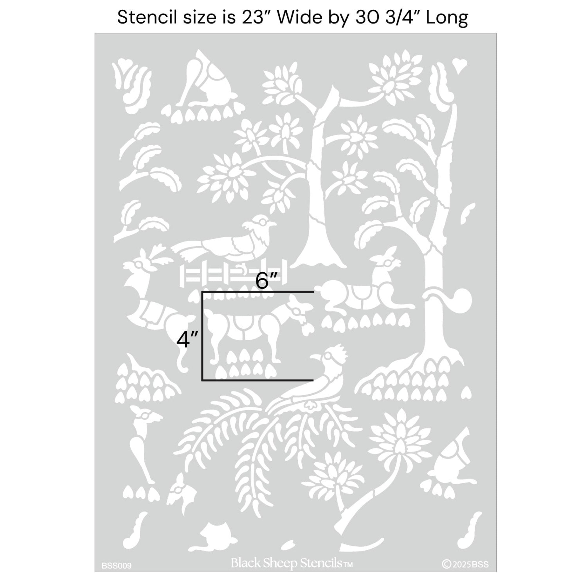 Enchanted forest wall stencil with product dimensions measuring is 23 inches wide by 30 3/4 inches long.