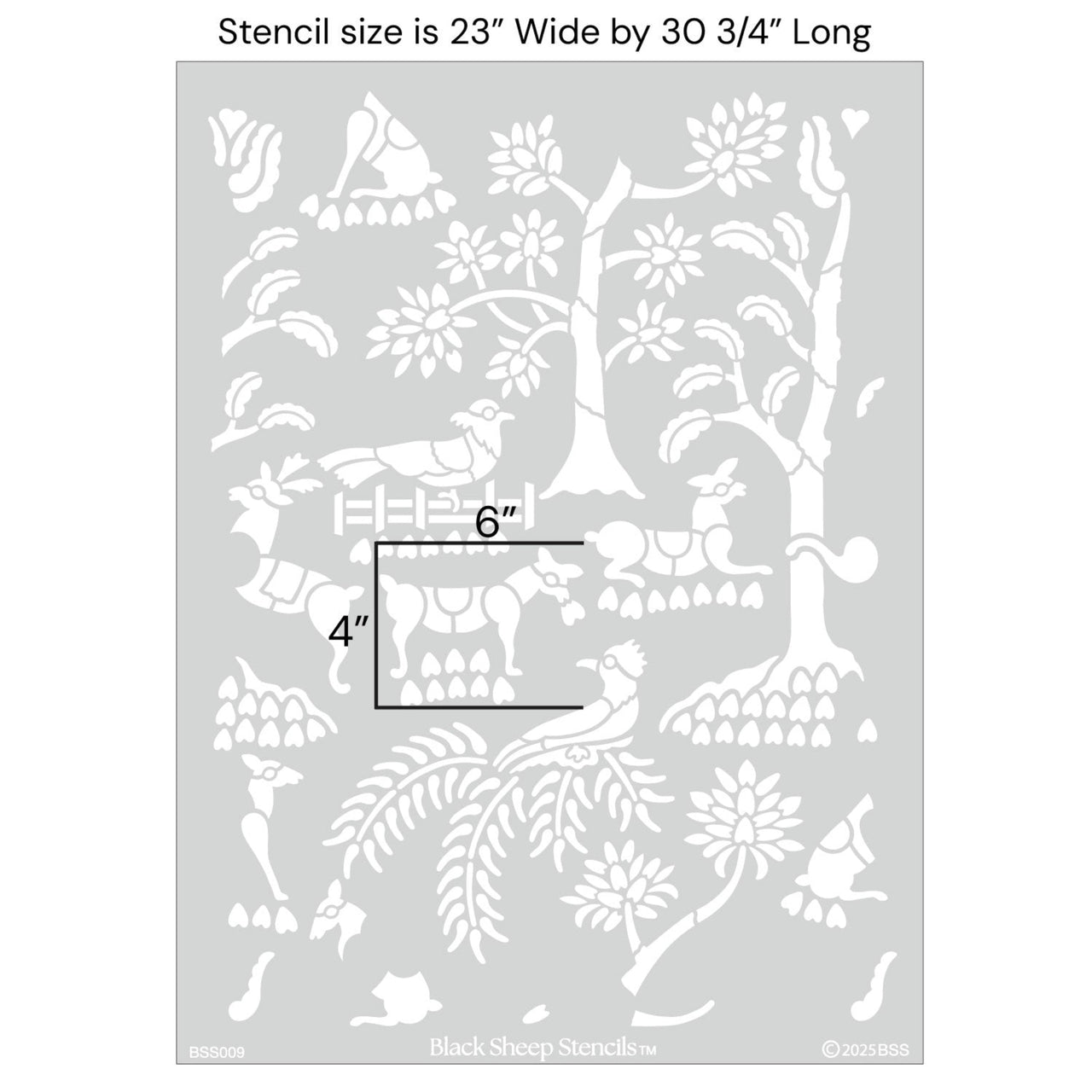 Enchanted forest wall stencil with product dimensions measuring is 23 inches wide by 30 3/4 inches long.