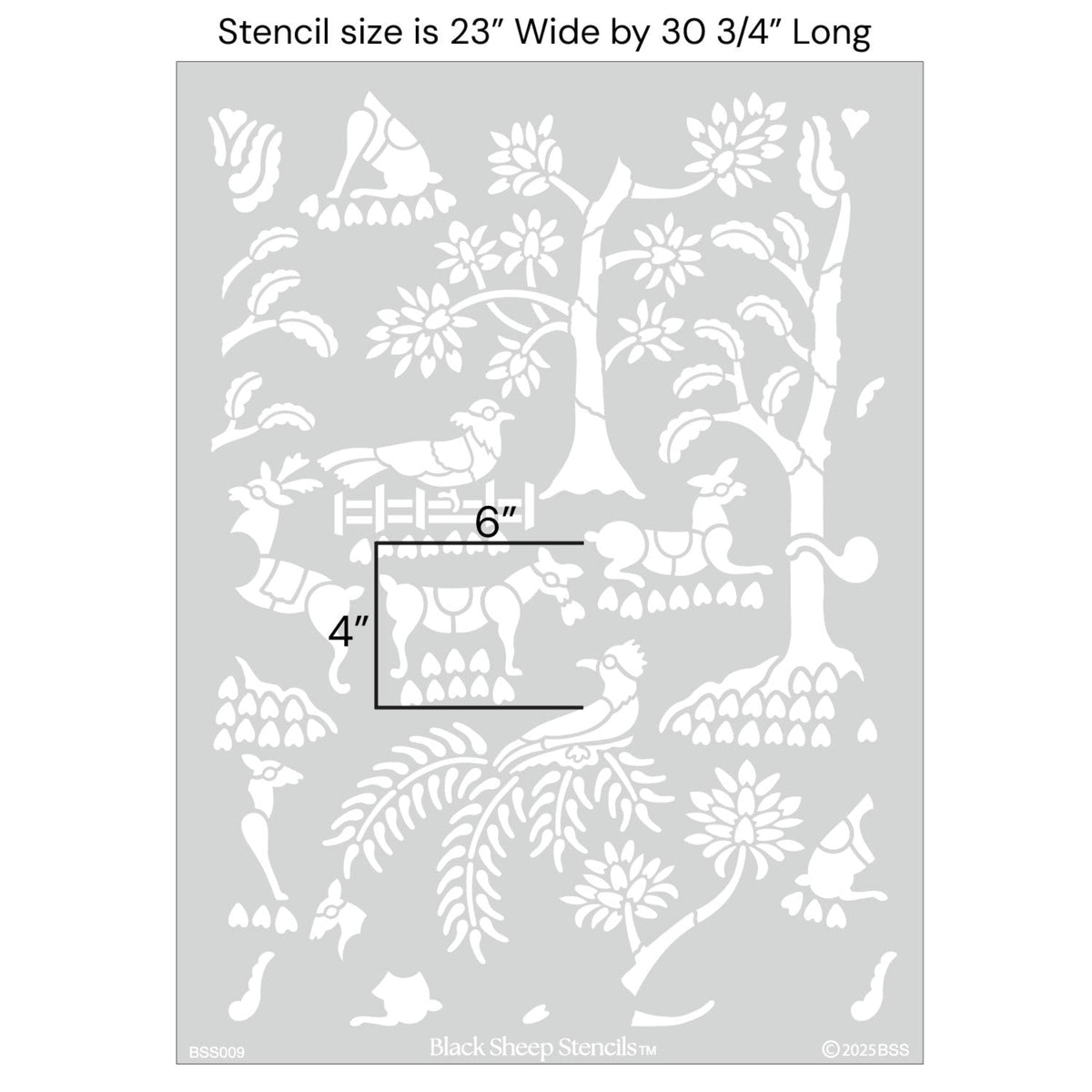 Enchanted forest wall stencil with product dimensions measuring is 23 inches wide by 30 3/4 inches long.