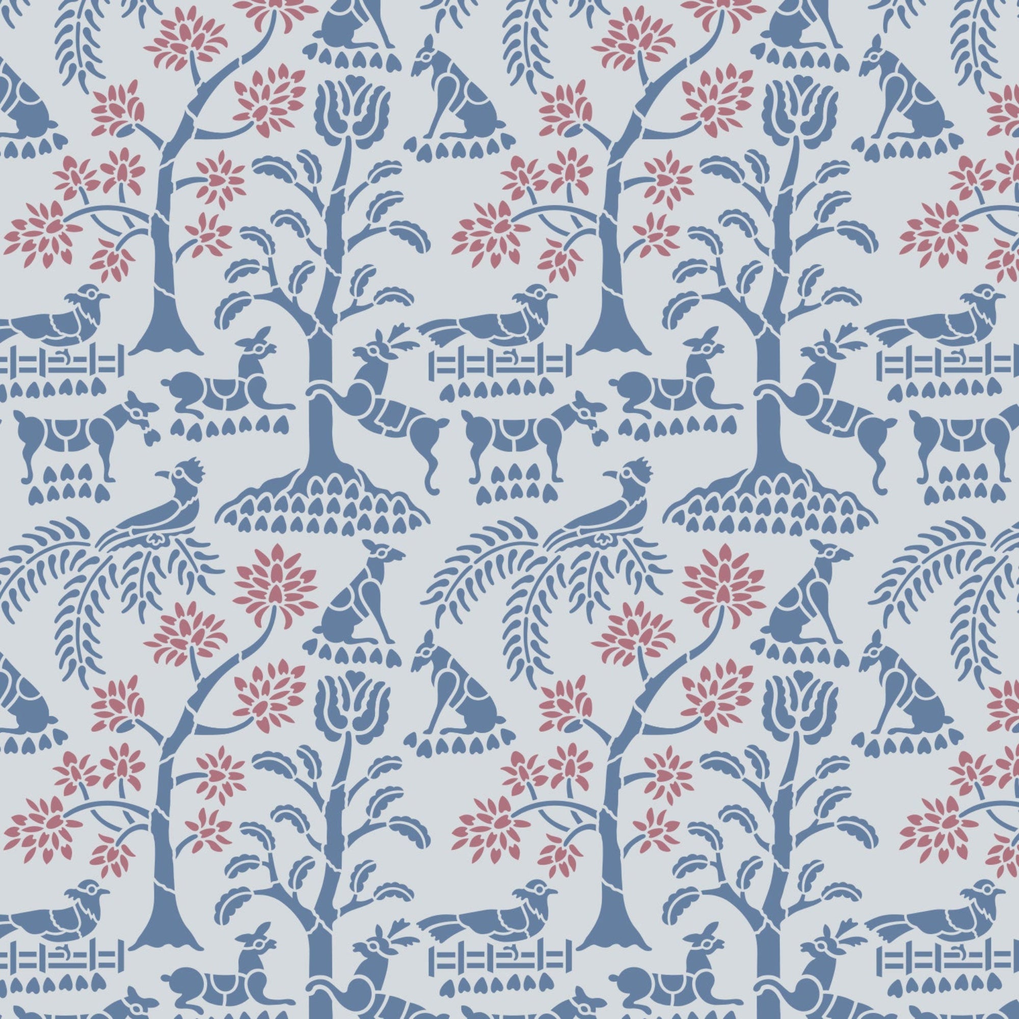 Enchanted forest wall stencil pattern shown in blue and pink with foliage and animal design with repeating motifs, ideal for DIY wall painting and interior decor projects.