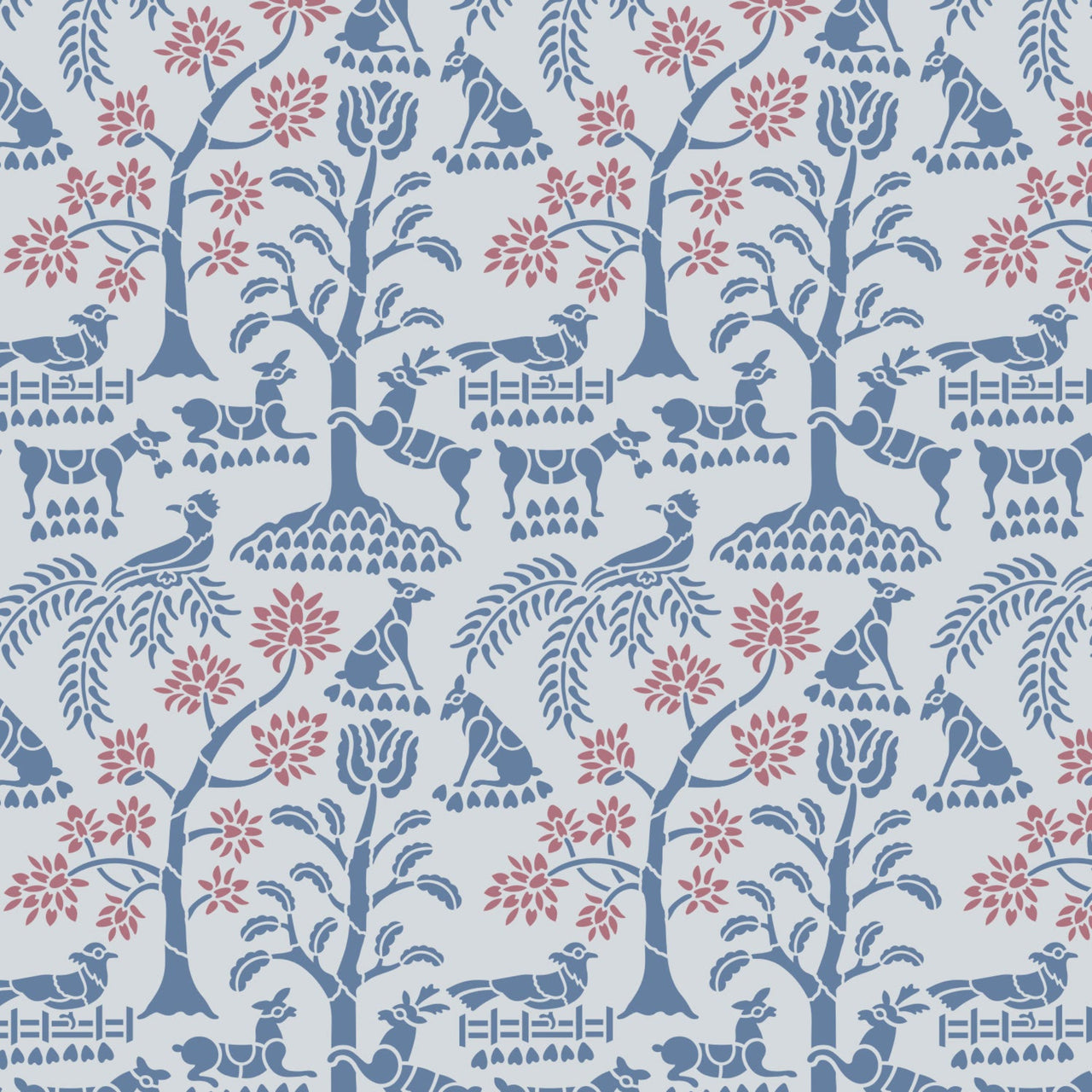 Enchanted forest wall stencil pattern shown in blue and pink with foliage and animal design with repeating motifs, ideal for DIY wall painting and interior decor projects.