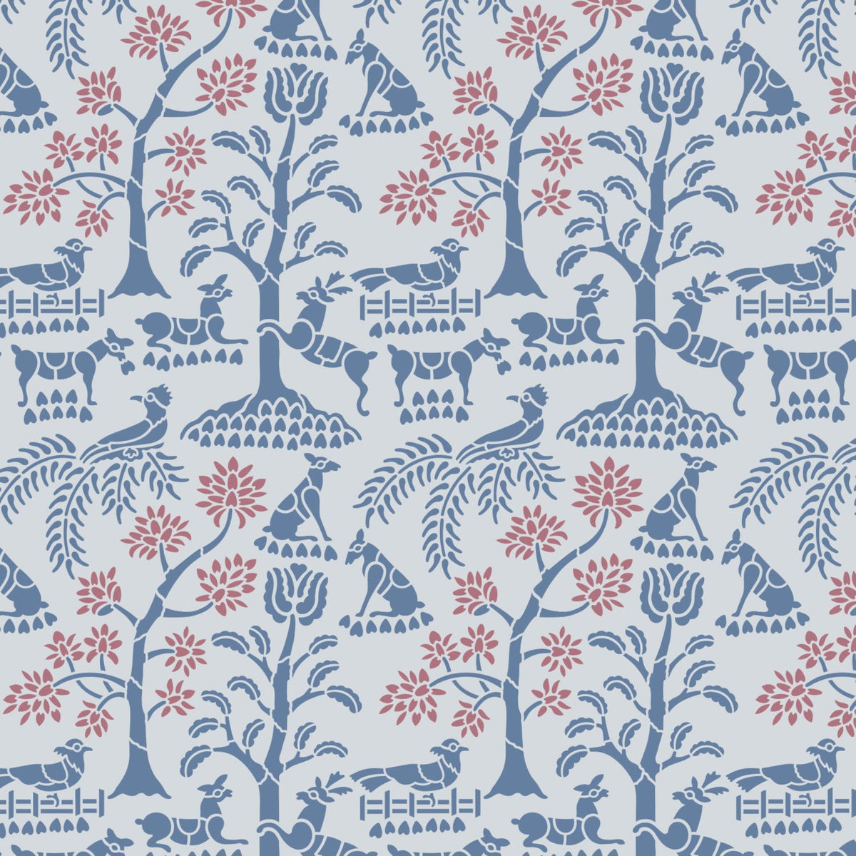 Enchanted forest wall stencil pattern shown in blue and pink with foliage and animal design with repeating motifs, ideal for DIY wall painting and interior decor projects.