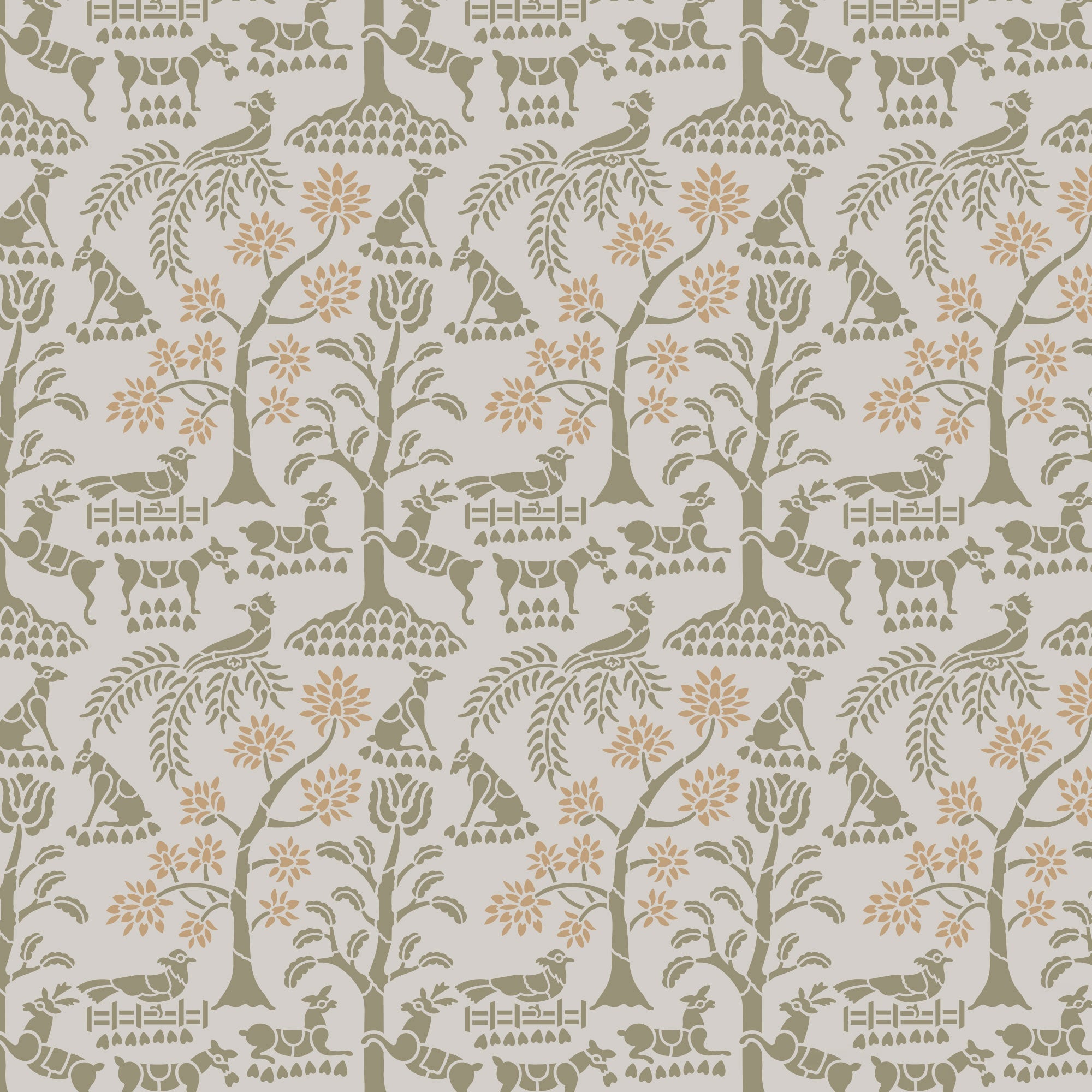 Enchanted forest wall stencil pattern shown in olive green and peach with foliage and animal design with repeating motifs, ideal for DIY wall painting and interior decor projects.