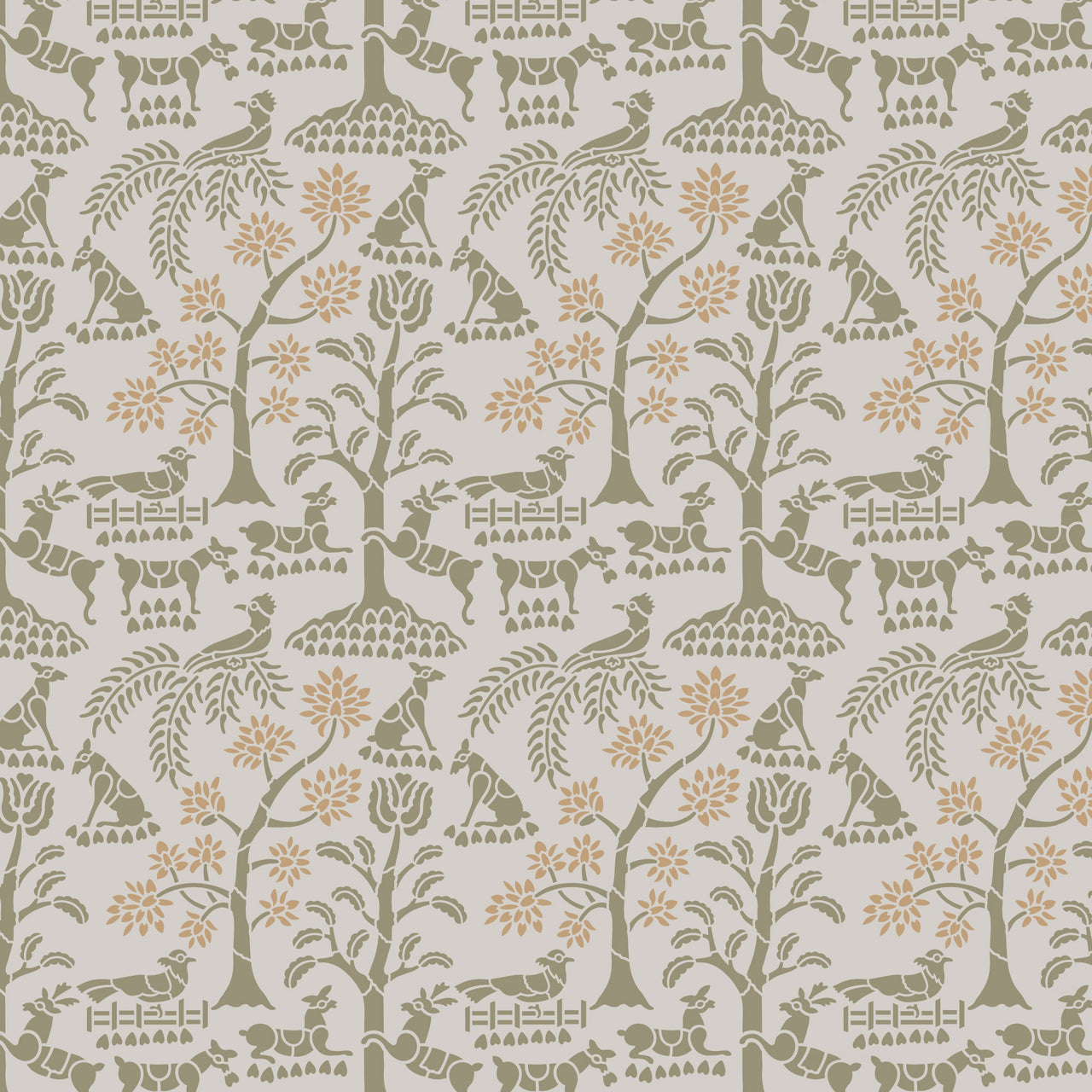Enchanted forest wall stencil pattern shown in olive green and peach with foliage and animal design with repeating motifs, ideal for DIY wall painting and interior decor projects.