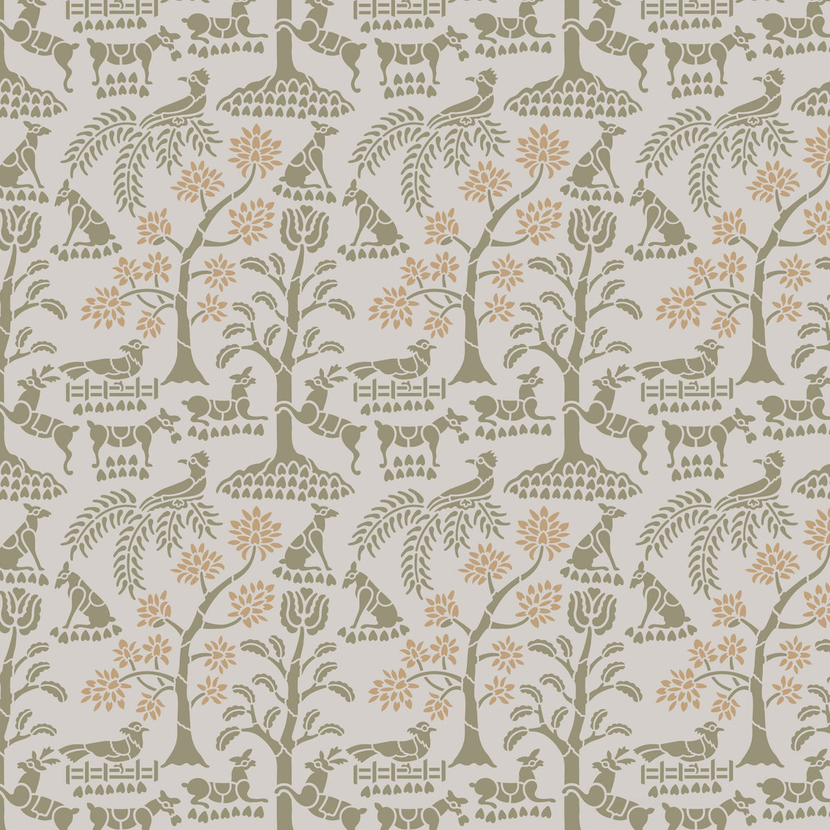 Enchanted forest wall stencil pattern shown in olive green and peach with foliage and animal design with repeating motifs, ideal for DIY wall painting and interior decor projects.