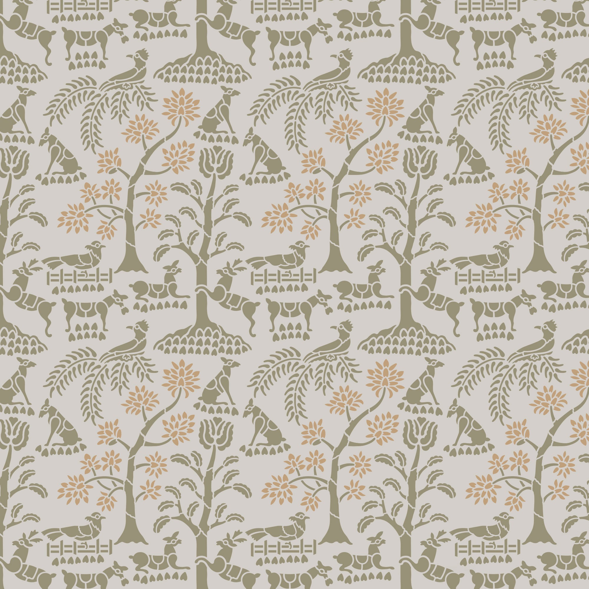 Enchanted forest wall stencil pattern shown in olive green and peach with foliage and animal design with repeating motifs, ideal for DIY wall painting and interior decor projects.