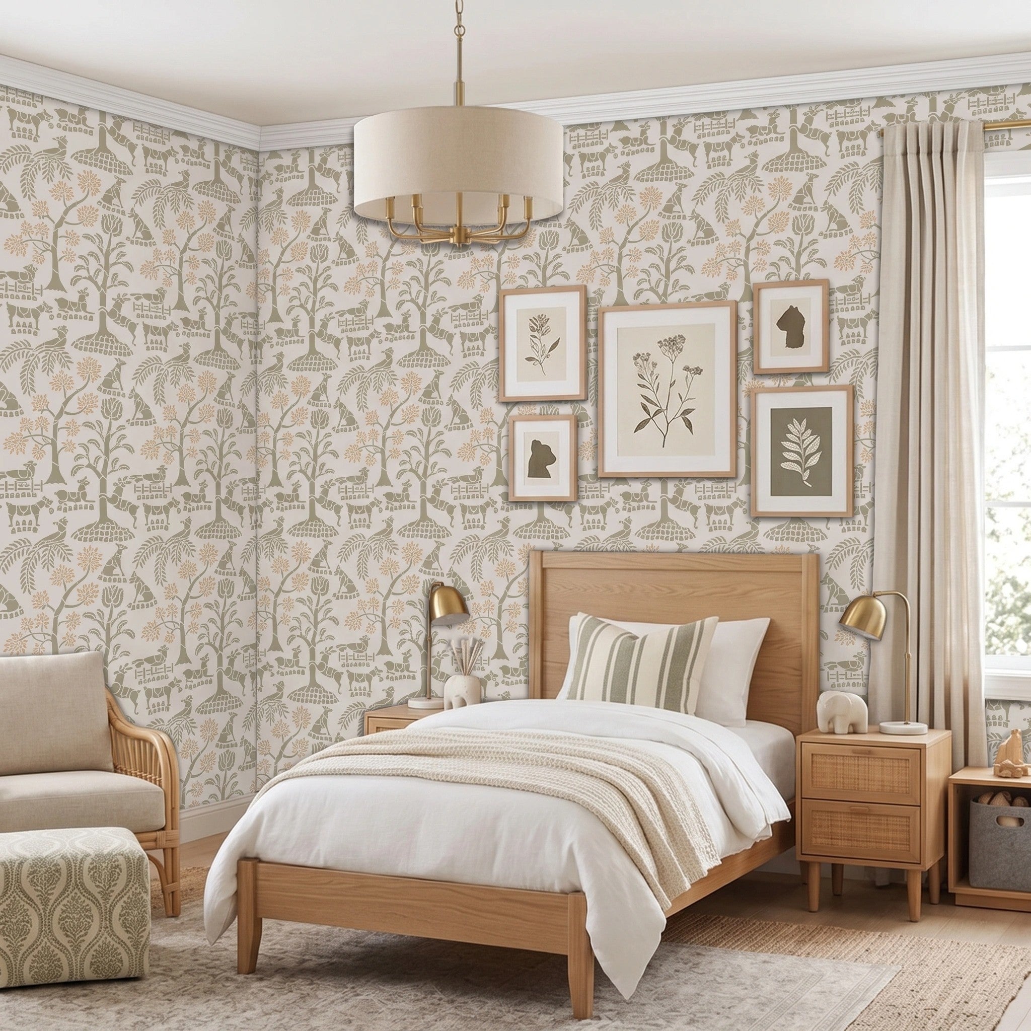 Enchanted forest wall stencil in a bedroom with a bed with a headboard , framed  prints hang on the wall, with a hanging drum lamp and bedside tables with lamps, and natural light highlighting the olive green and peach painted stencil on the wall.
