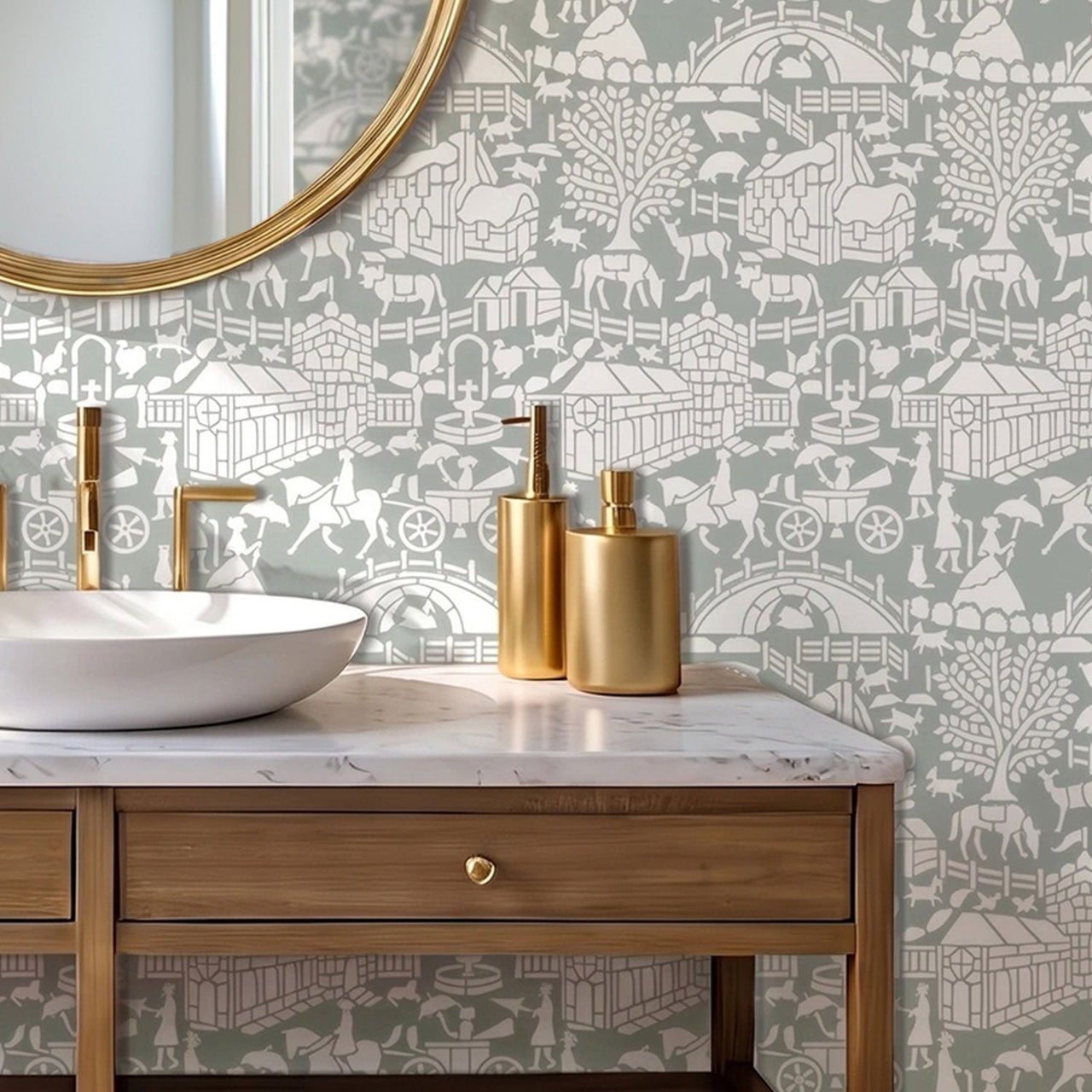 English storybook wall stencil in a powder room with a round brass framed mirror, a vanity, a sink, and natural light highlighting the green and white painted stencil on the wall.