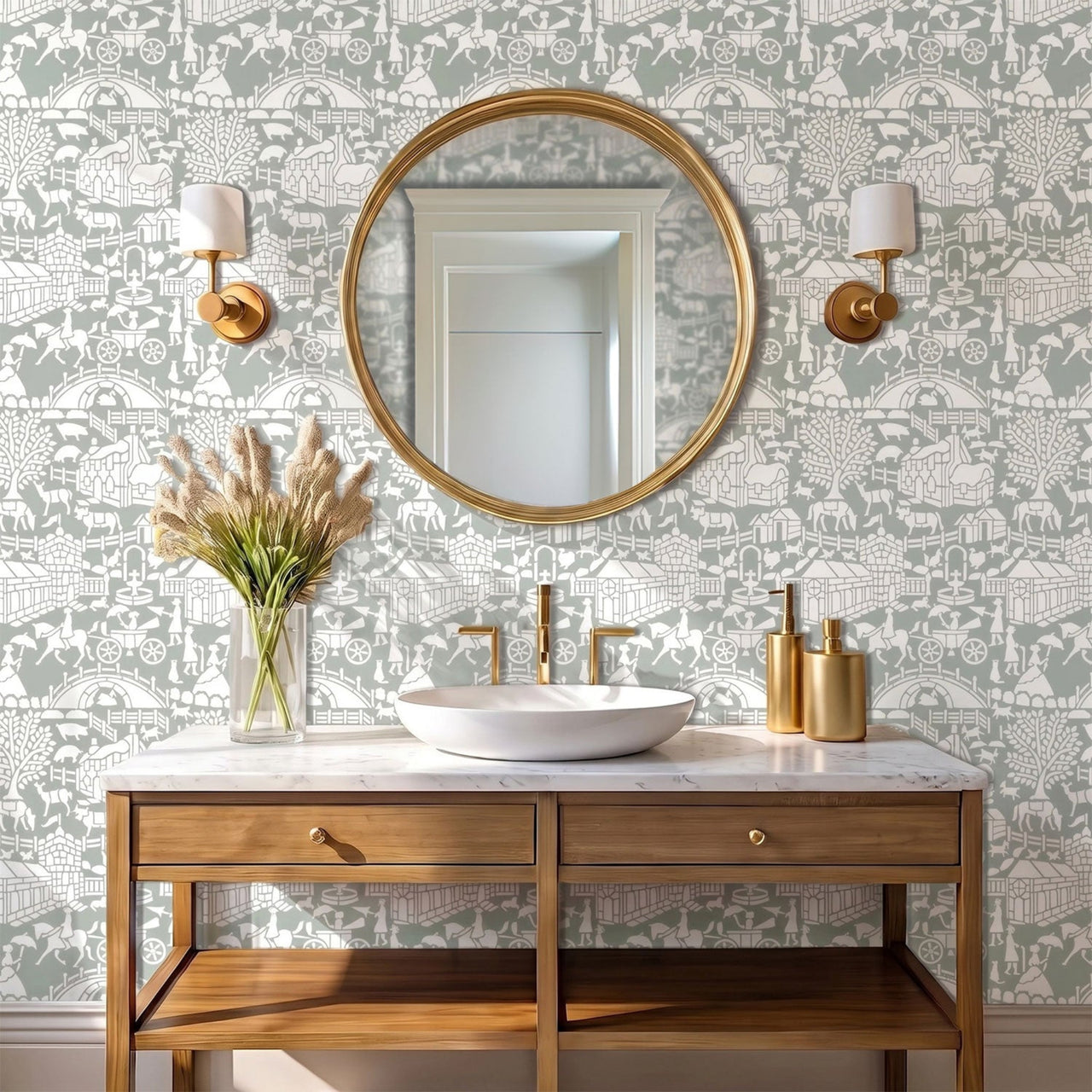 English storybook wall stencil in a powder room with a round brass framed mirror, a vanity, a sink, wall sconces, a vase with flowers, and natural light highlighting the green and white painted stencil on the wall.