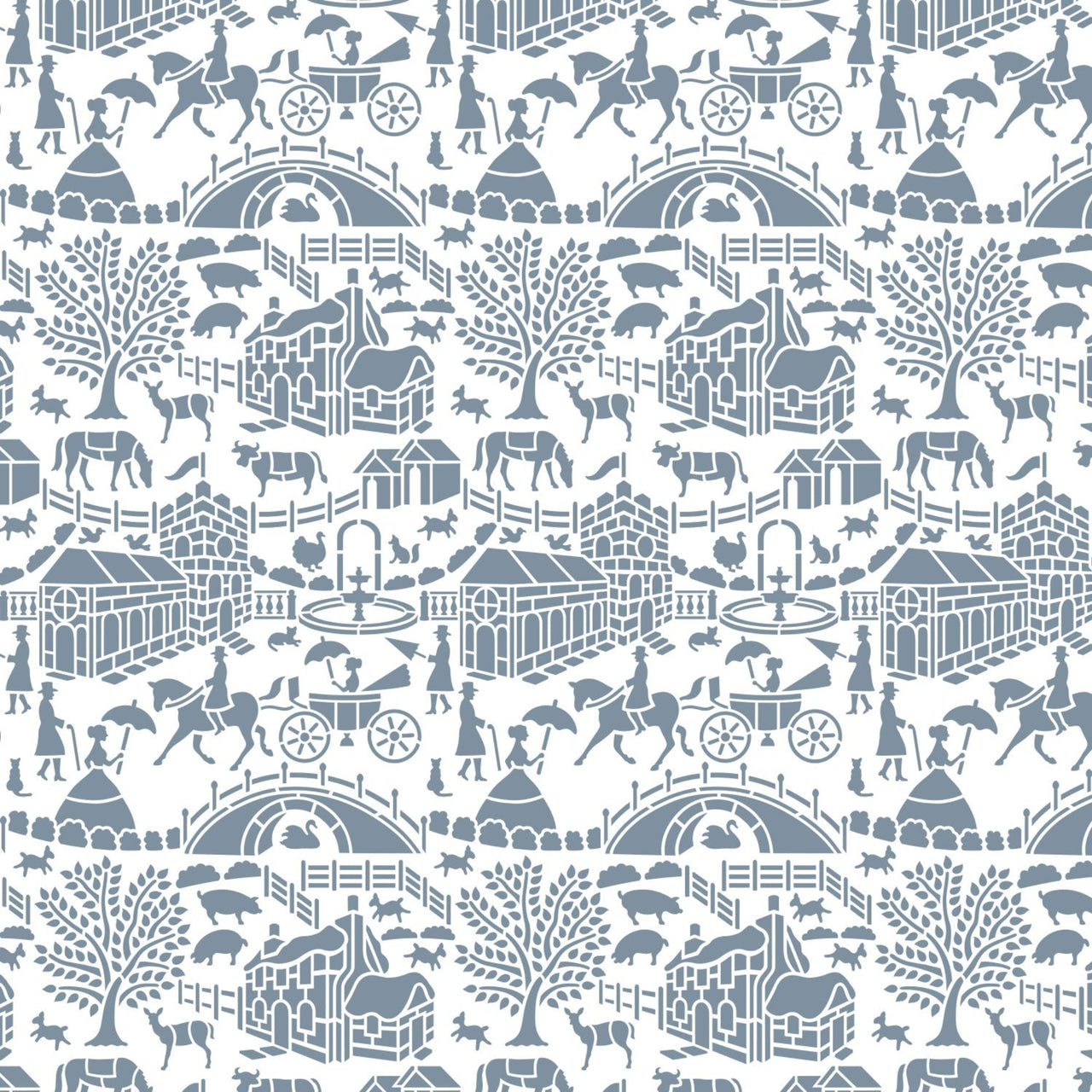 English storybook wall stencil pattern shown in blue and white with houses, animals and people design with repeating motifs, ideal for DIY wall painting and interior decor projects.