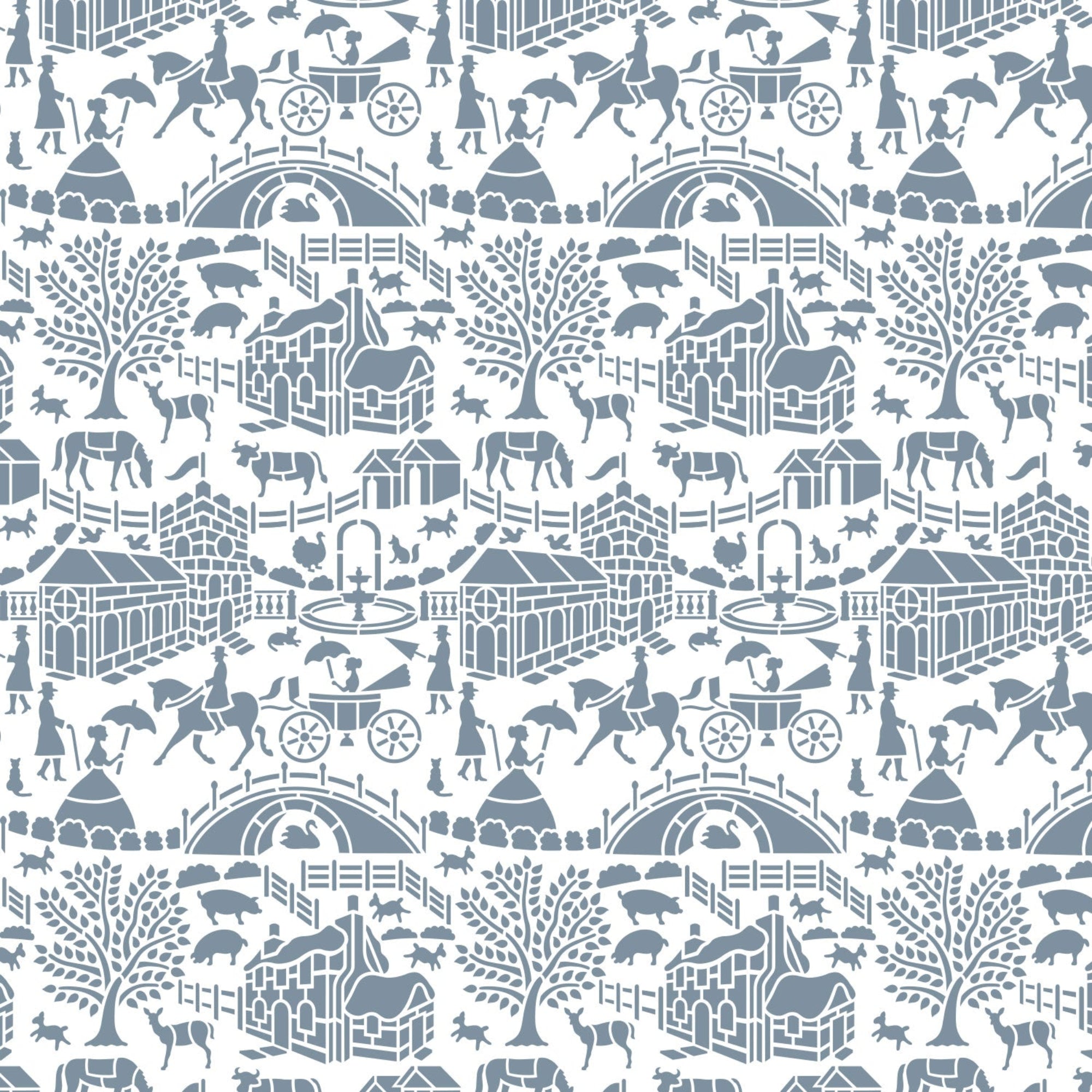 English storybook wall stencil pattern shown in blue and white with houses, animals and people design with repeating motifs, ideal for DIY wall painting and interior decor projects.